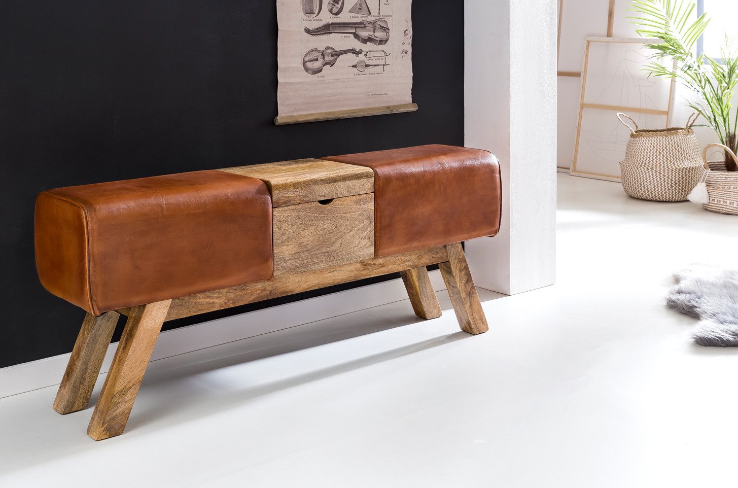 Wohnling Truhenbank Sitzbank Turnbock Braun 120 cm Leder Springbock Klappfach Turnhocker (Turnbock Sitzbank Echtleder Braun 120 x 29 x 53 cm), Turnhocker Bank mit Klappfach, Garderobenbank
