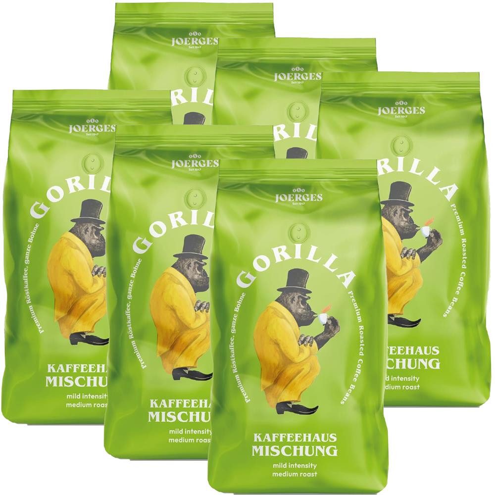 Gorilla Kaffee Joerges Kaffeehaus Mischung 6x1kg ganze Kaffeebohnen geröstet, 6 x 1000 g, Besonders milder Geschmack