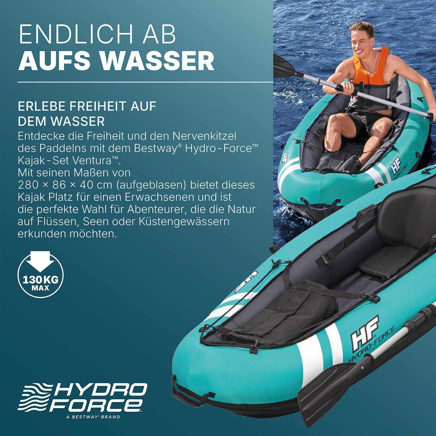 Bestway Einerkajak Hydro-Force™ Ventura™, (Set, 1-St., mit Paddel, Handpumpe & Aufbewahrungstasche), Einstellbarer Sitz mit Aufbewahrungsfach