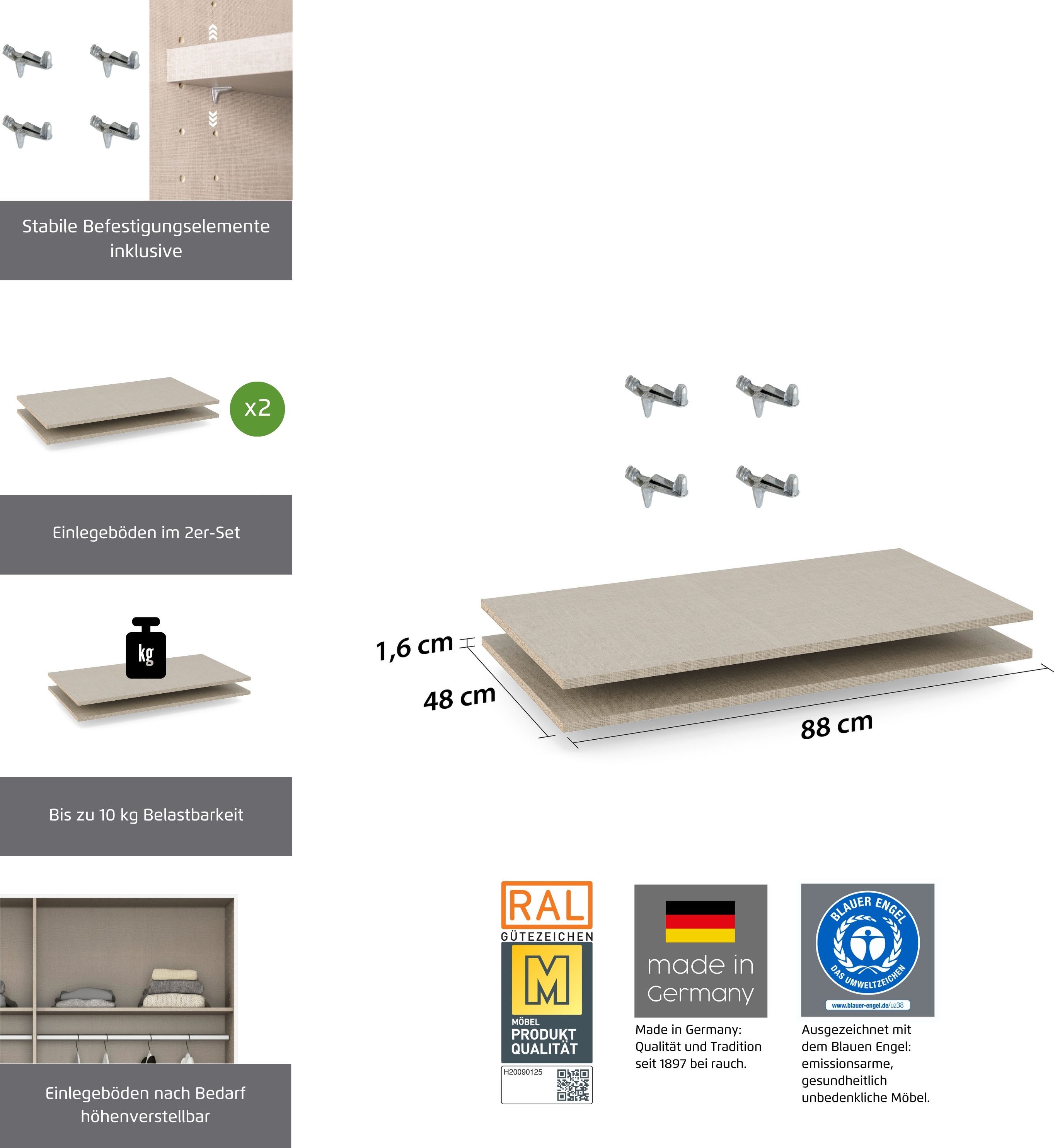rauch Einlegeboden Zubehör für Rauch-Schwebetürenschränke ORANGE, 2er-Set Breite 88 cm, Tiefe 48 cm