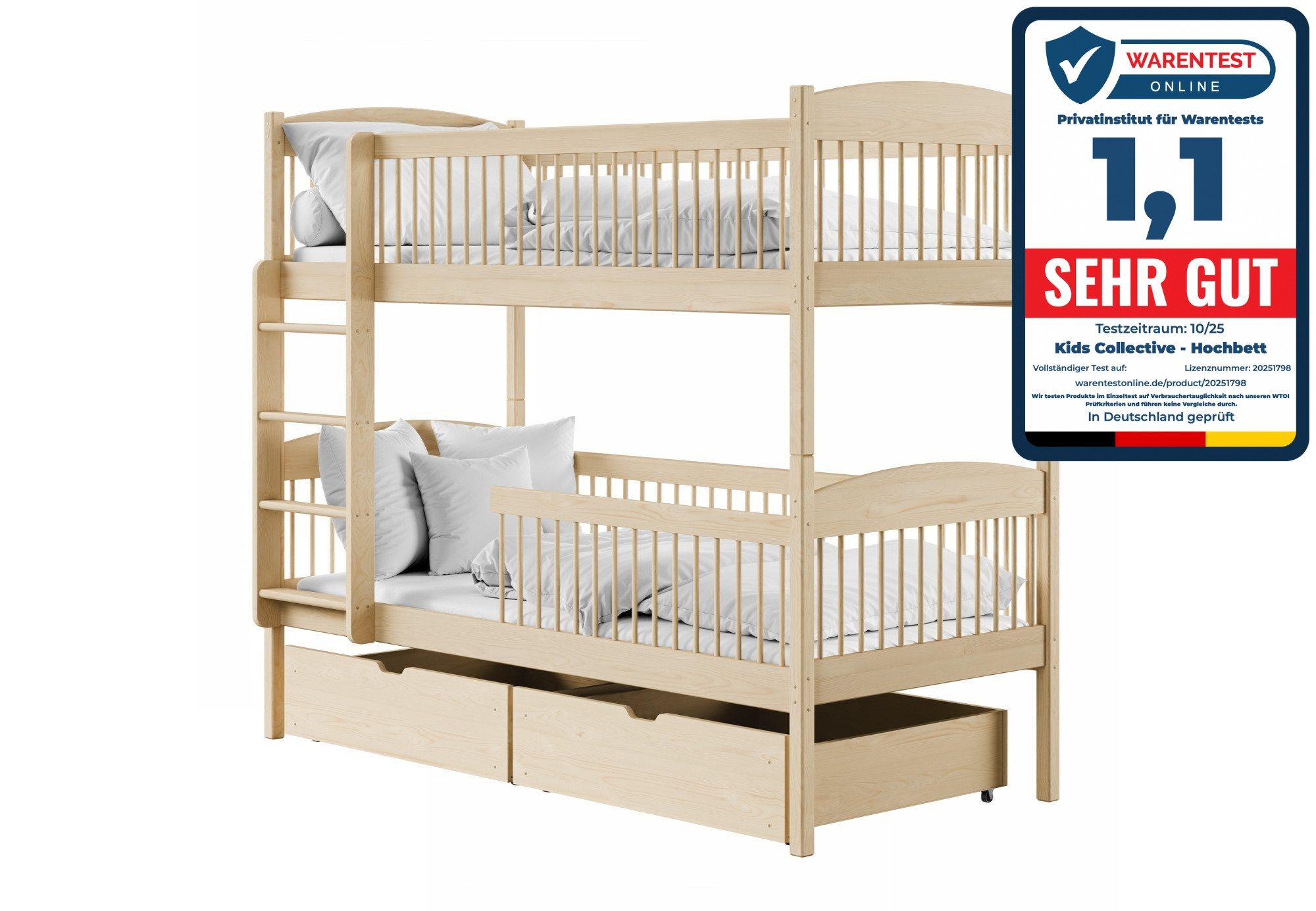 Kids Collective Kinderbett Hochbett Etagenbett 80x180, 90x190, 90x200 cm, mit 2 Schubladen, 80x180 cm von 3. bis 12. Lebensjahr, Natur