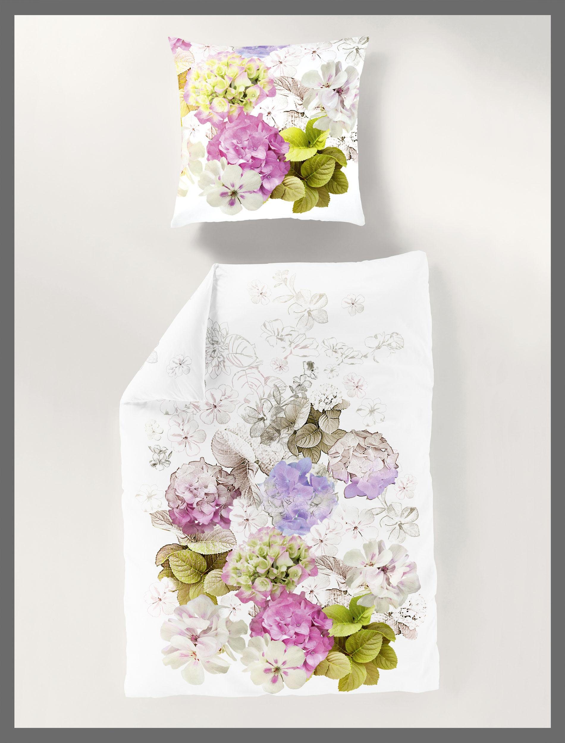 Traumschloss Bettwäsche Mako-Baumwolle, Mako-Satin, 2 teilig, Digitaldruck, frische Blumen in lila, rosa, weiß