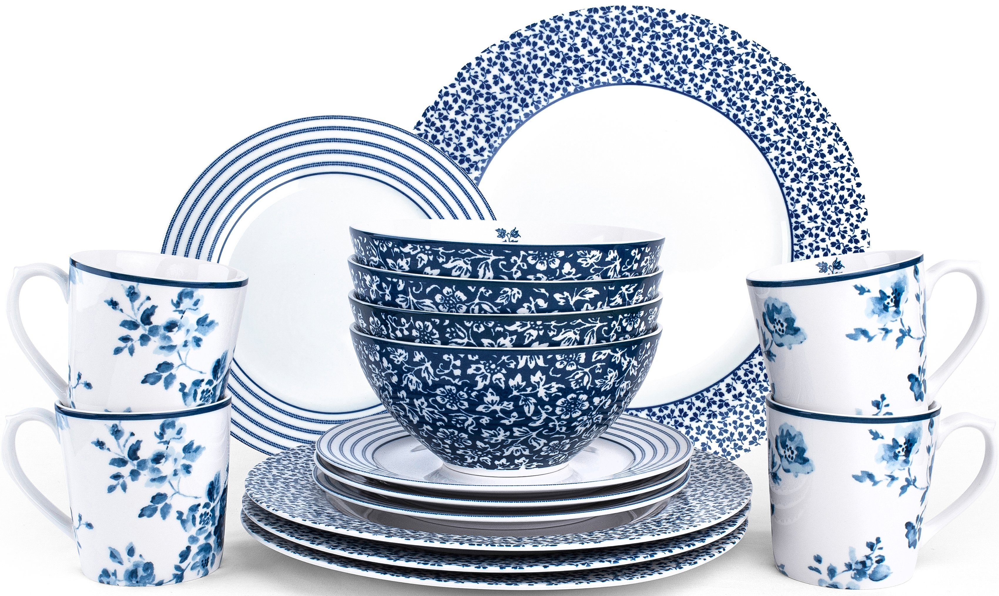 LAURA ASHLEY BLUEPRINT COLLECTABLES Kombiservice Geschirr-Set, Service  China Rose, Sweet Allysum, Floris, Candy Stripe (16-tlg), 4 Personen,  Porzellan, 16 Teile, für 4 Personen, Mikrowellen- und spülmaschinengeeignet