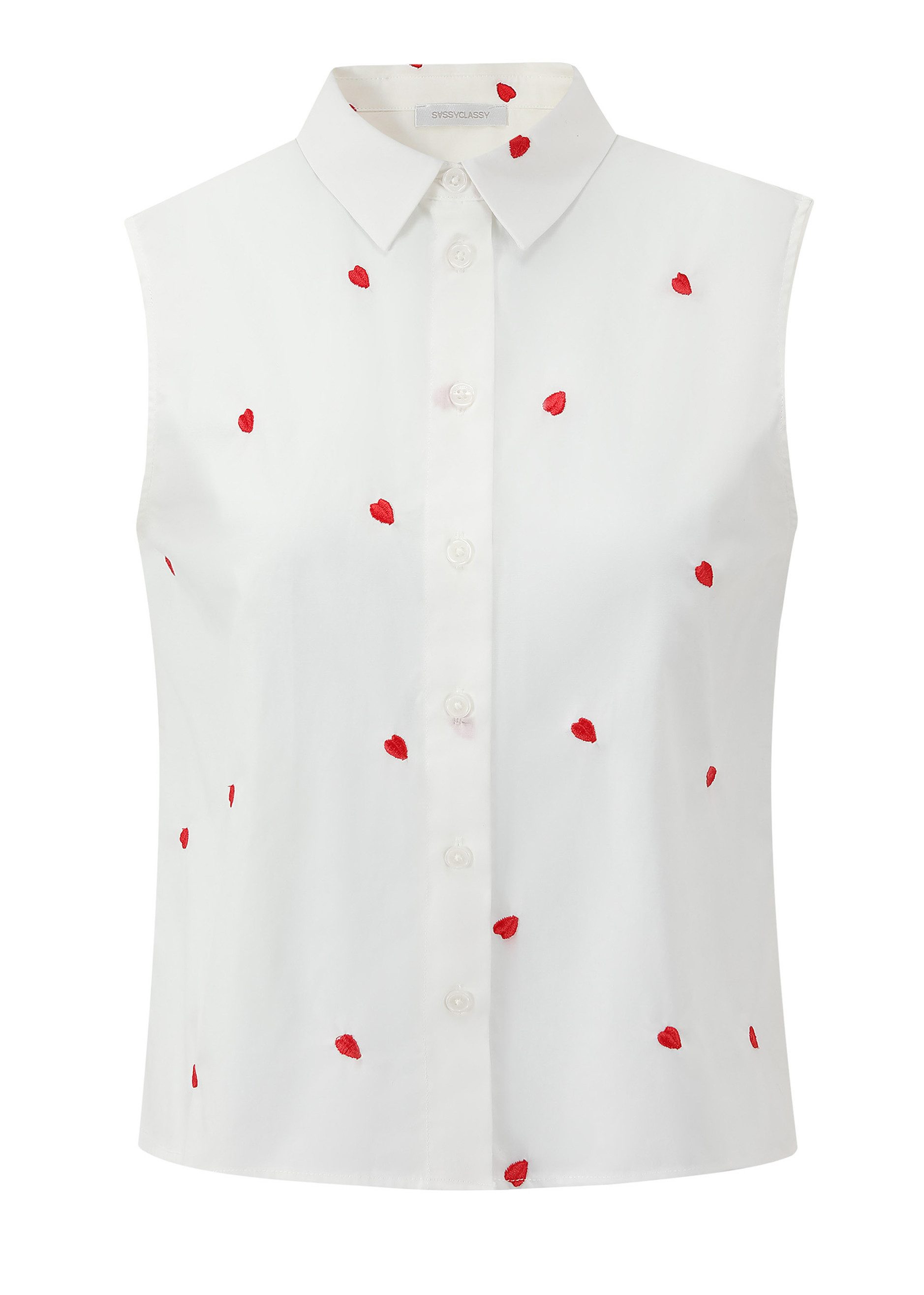 SASSYCLASSY Langarmbluse Ärmellose Bluse mit roter Herzstickerei für Damen Hembluse aus Baumwolle mit klassischem Kragen Weiß Blau