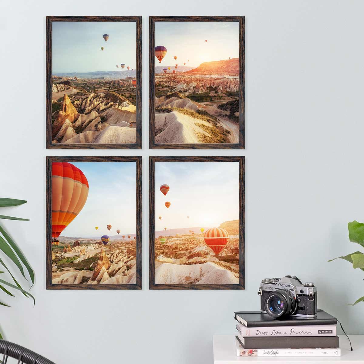 PHOTOLINI Bilderrahmen 4er Set 21x30 cm / DIN A4 Poster-Rahmen, zum Aufhängen & Aufstellen, für 4 Bilder (4er Set), MDF Holz, bruchsicheres Acrylglas & Zubehör, für Fotos & Poster