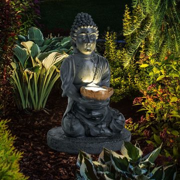 Globo LED Solarleuchte, LED-Leuchtmittel fest verbaut, Solarleuchte Buddha Gartendeko Feng Shui Buddha Solarlampe grau