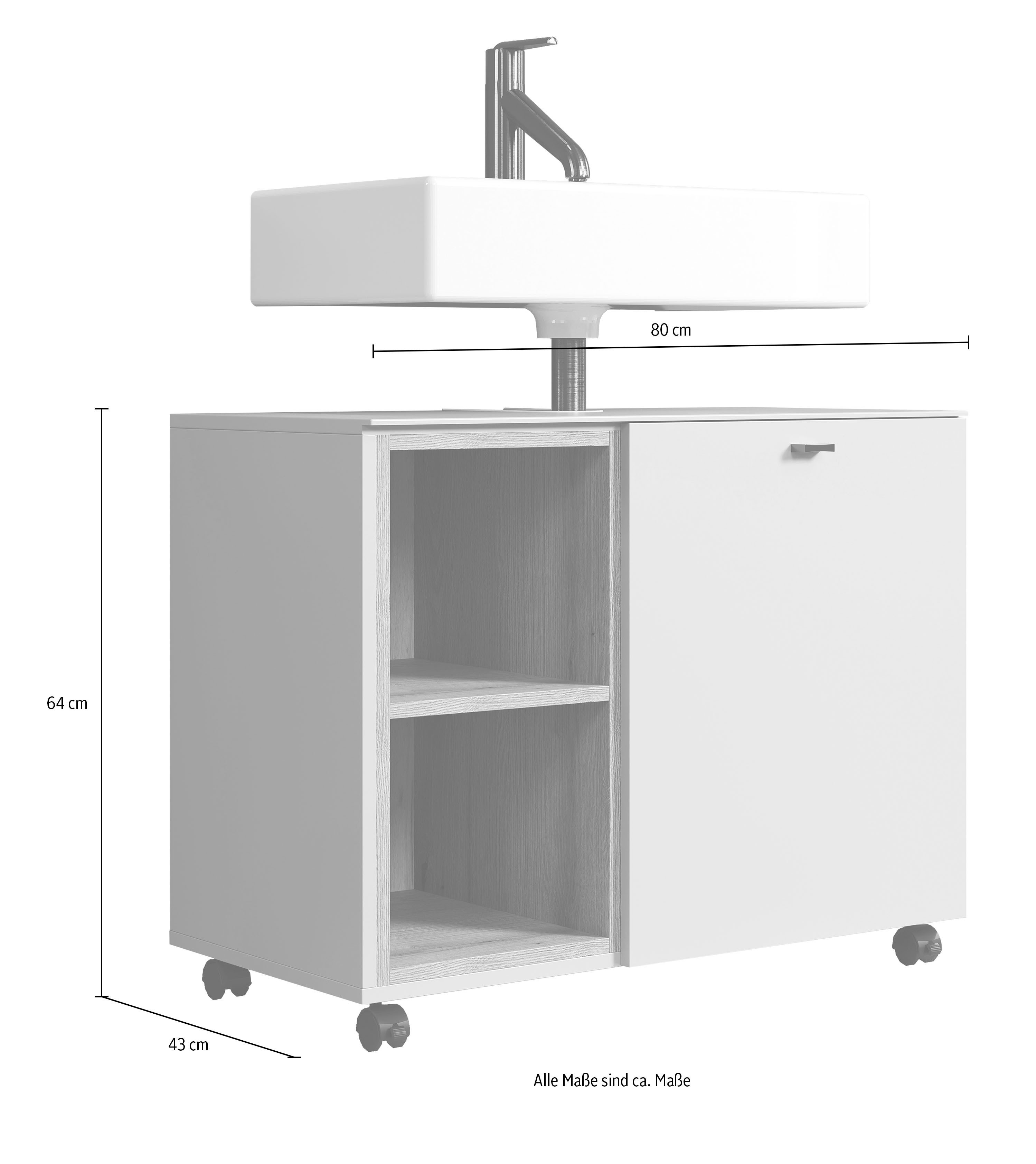 welltime Badmöbel-Set San Pedro, (Komplett-Set, 4-St), Bestehend aus Hochschrank, Waschtisch, Wandspiegel und Unterschrank