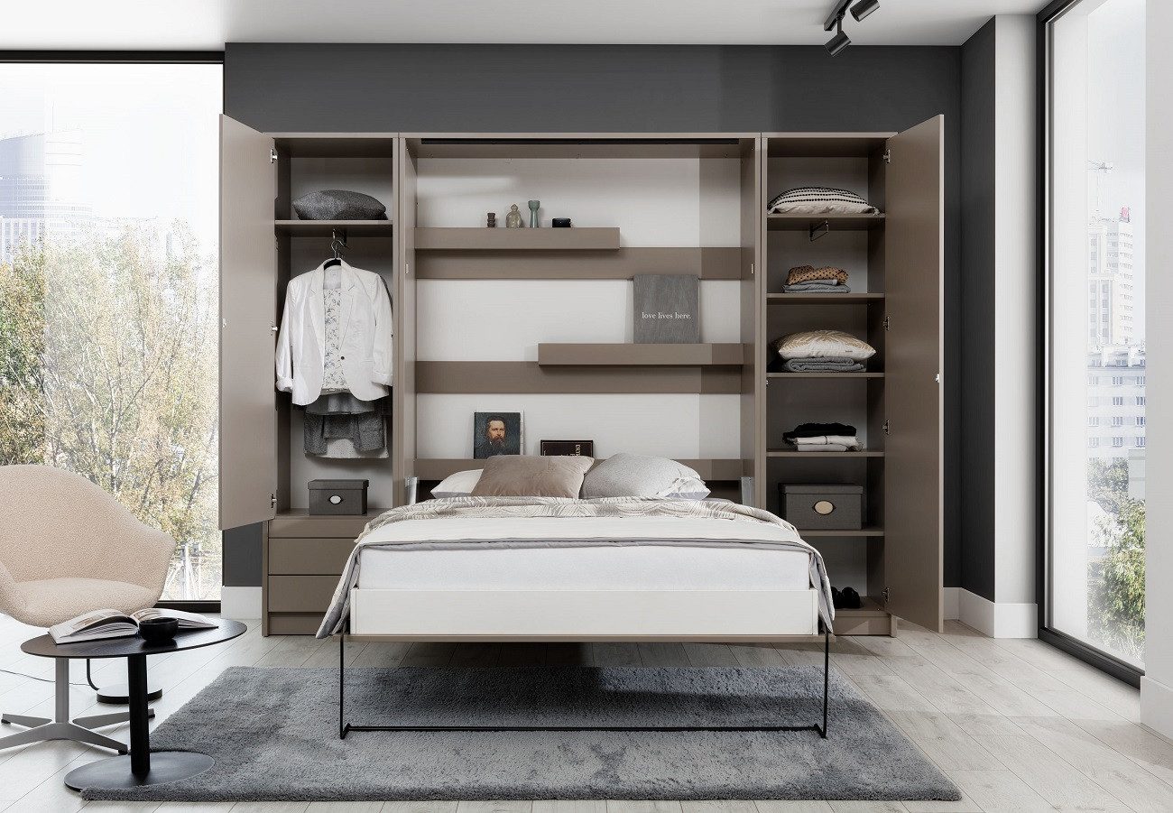 QMM TraumMöbel Schrankbett GN 120x200 mit LED, optionalen Schreibtisch & 2 Schränke (Set, 3-St., Schrankbett & 2 Schränke) vertikal klappbar