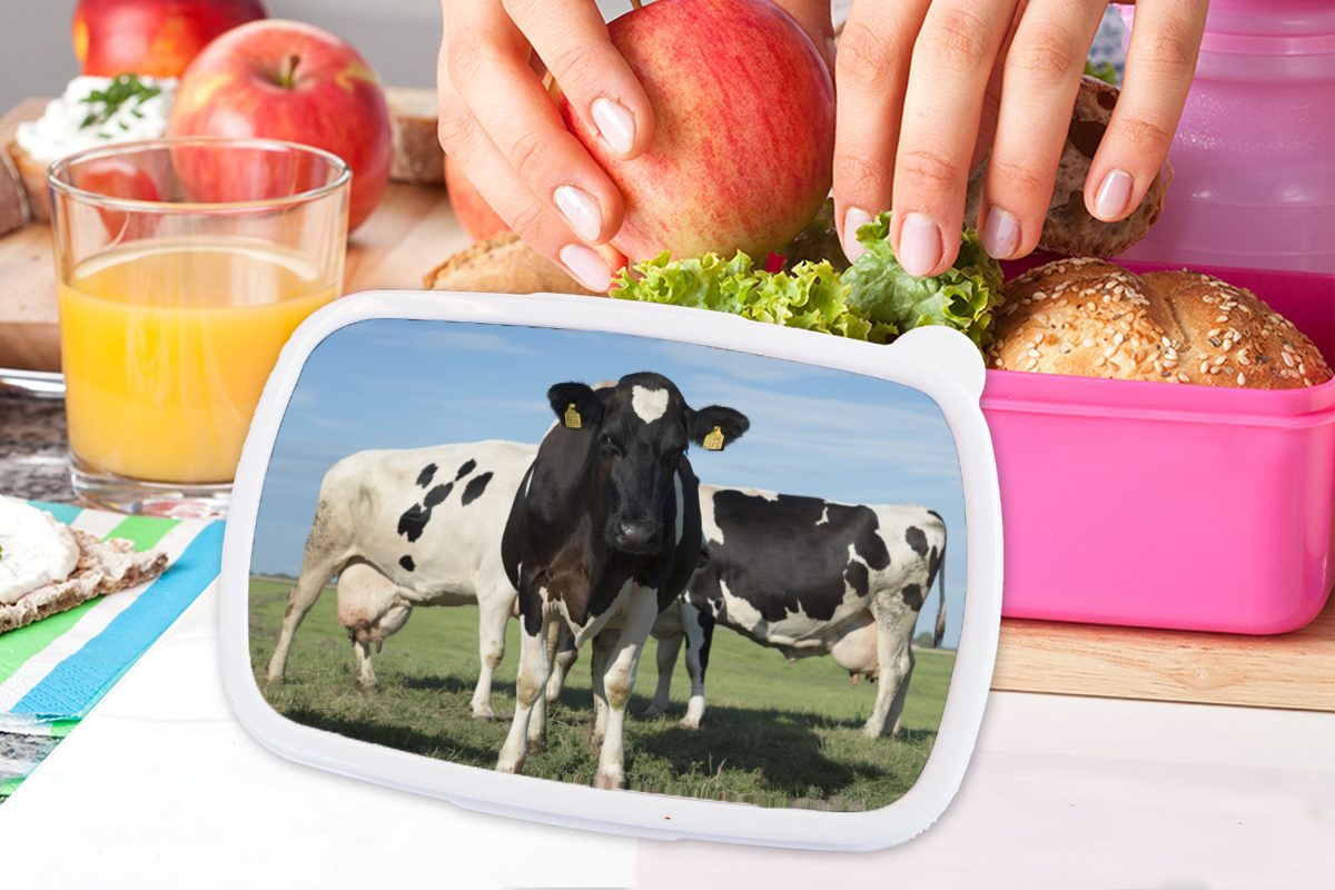 MuchoWow Lunchbox Kuh - Kunststoff (2-tlg), rosa Snackbox, Brotdose Mädchen, Kunststoff, Blau für Schatten, Kinder, - Brotbox Gras - Erwachsene