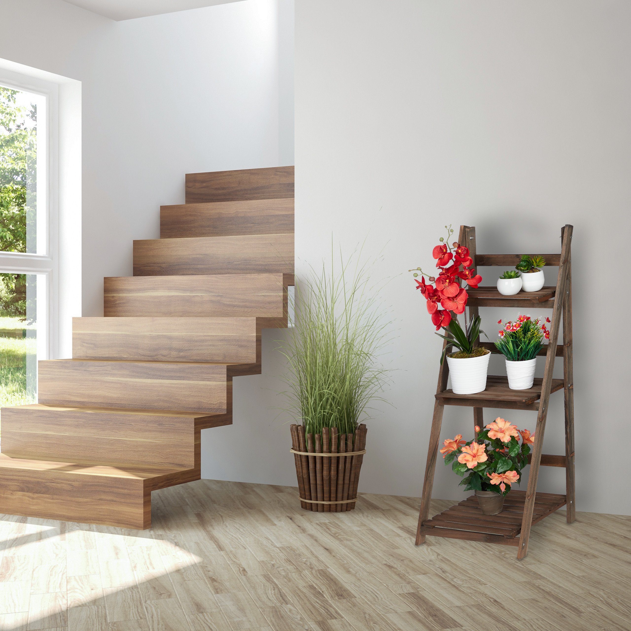 relaxdays Blumenständer Blumentreppe Holz dunkelbraun, L