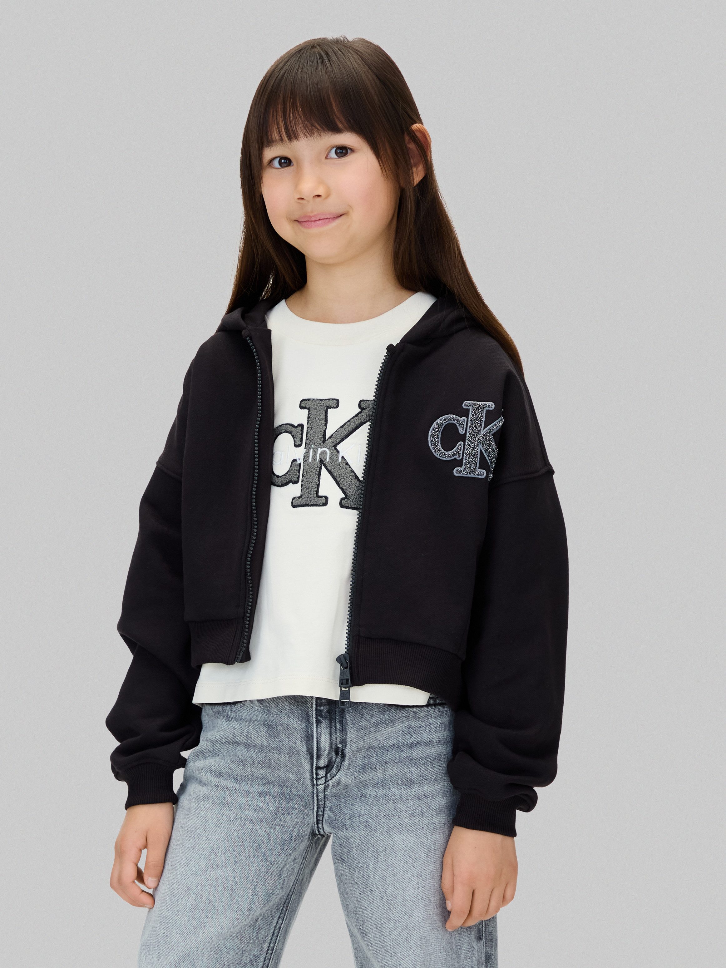 Calvin Klein Jeans Sweatjacke CK LOGO TERRY ZIP THROUGH für Kinder bis 16 Jahre, mit Glitzer-Applikation