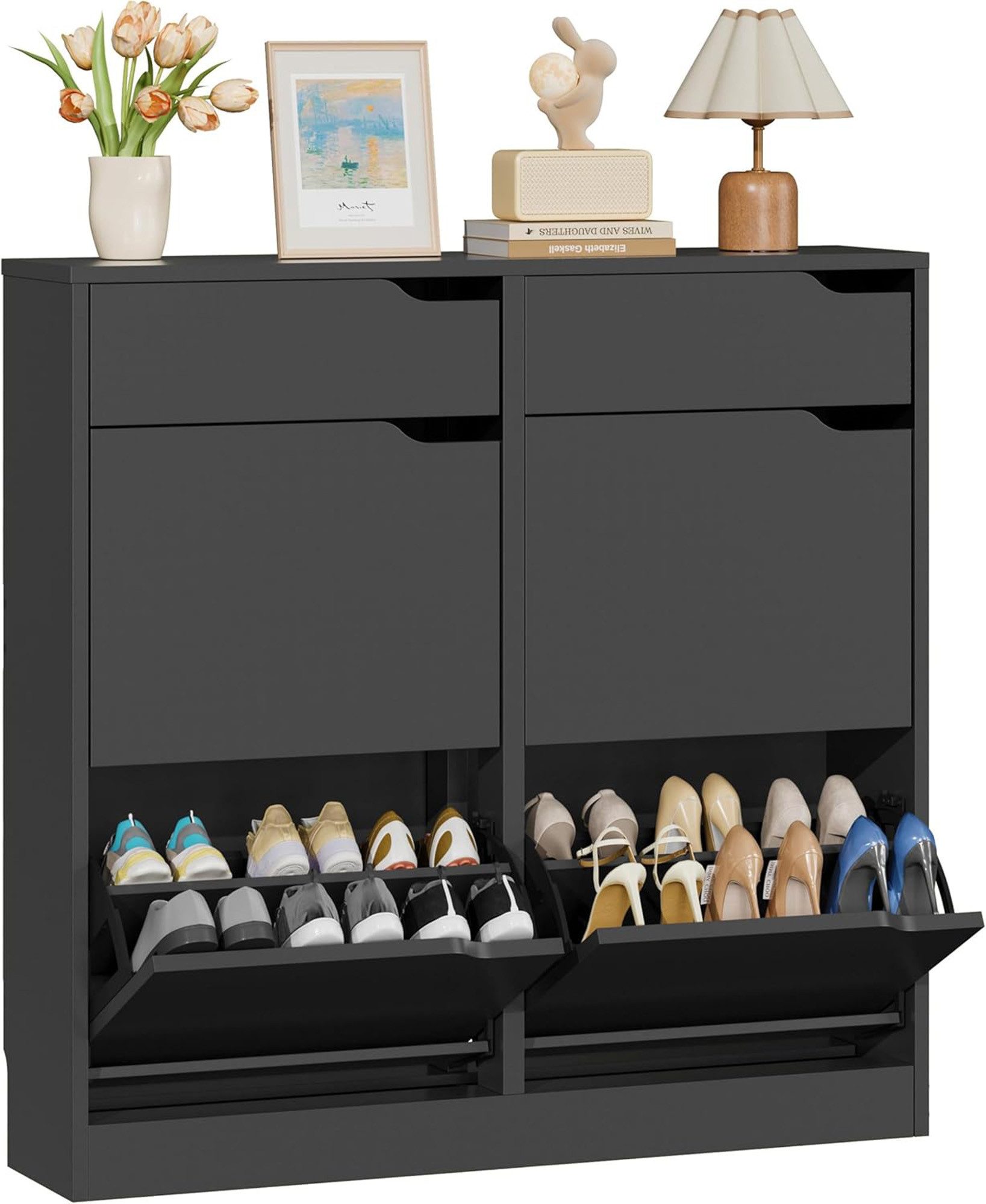 Luckice Garderobenschrank Schuhschrank, Schuhkipper, verstellbare Trennwände, Schmal​ (Set, 1-St., Flur & Eingang, modernes Design mit verstellbaren Regalen) 4 aufklappbare Schubladen, verstellbare Regale, Anti-Kippschutz