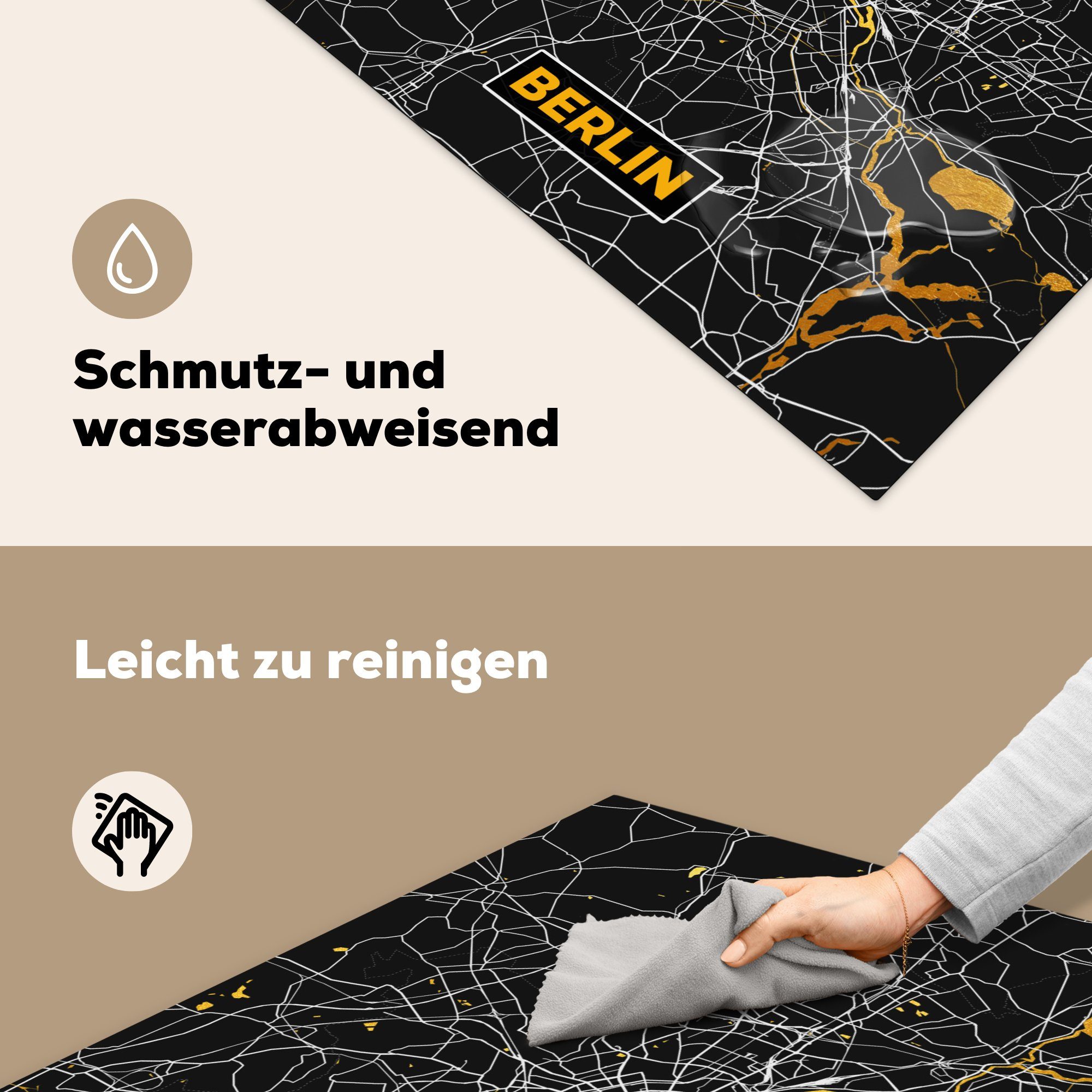 MuchoWow Herdblende-/Abdeckplatte Berlin - Deutschland (1 - Arbeitsplatte - - 78x78 Vinyl, küche Stadtplan Ceranfeldabdeckung, Gold, tlg), cm, Karte für