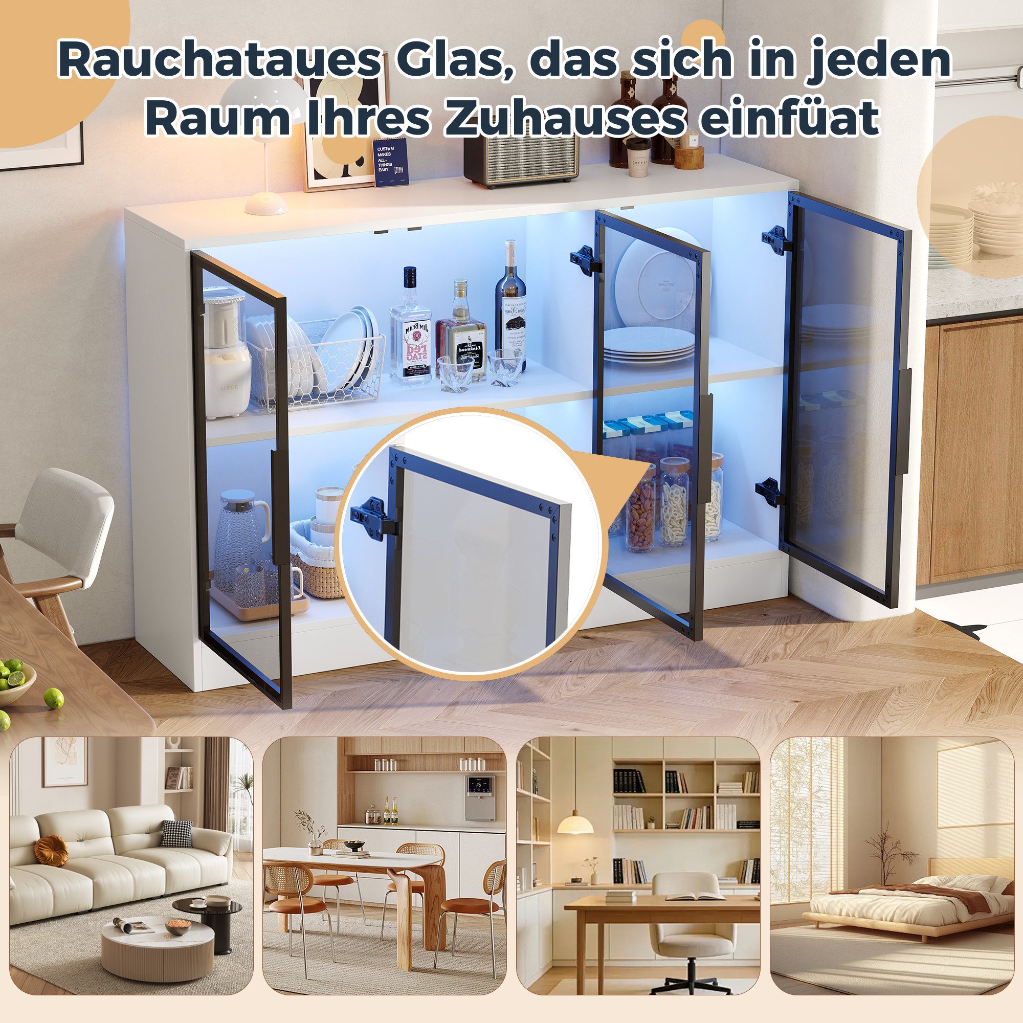 Celya Glasvitrine 120 x 30 x 73 cm mit grauen Glasfronten und integriertem LED-Lichtband (Highboard, Präsentationsschrank oder Buffetschrank, sideboard) – Bild 3 von 5