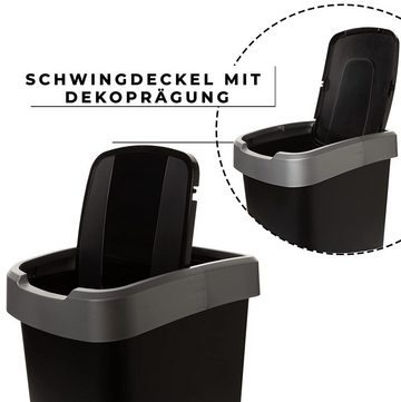 Centi Mülleimer 2er Set 25 Liter Abfalleimer mit Deckel Mülleimer Küche, mit Schwingdeckel - Schwarz/Silber - für Recycling & Mülltrennung