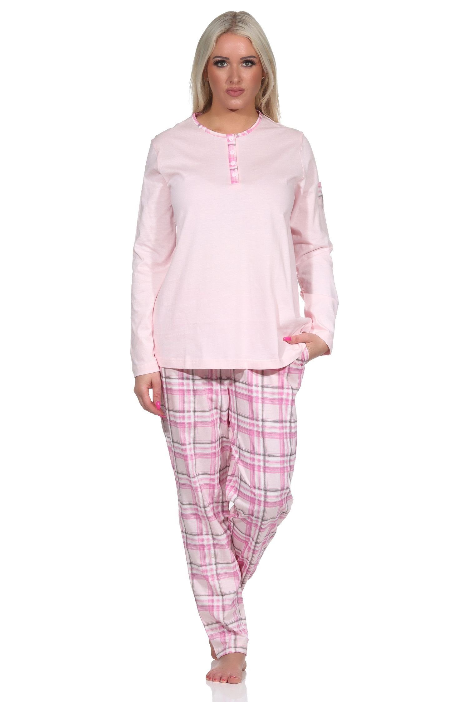 Normann Pyjama Jersey rosa Pyjama mit Schlafanzug aus Hose langarm Damen karierter