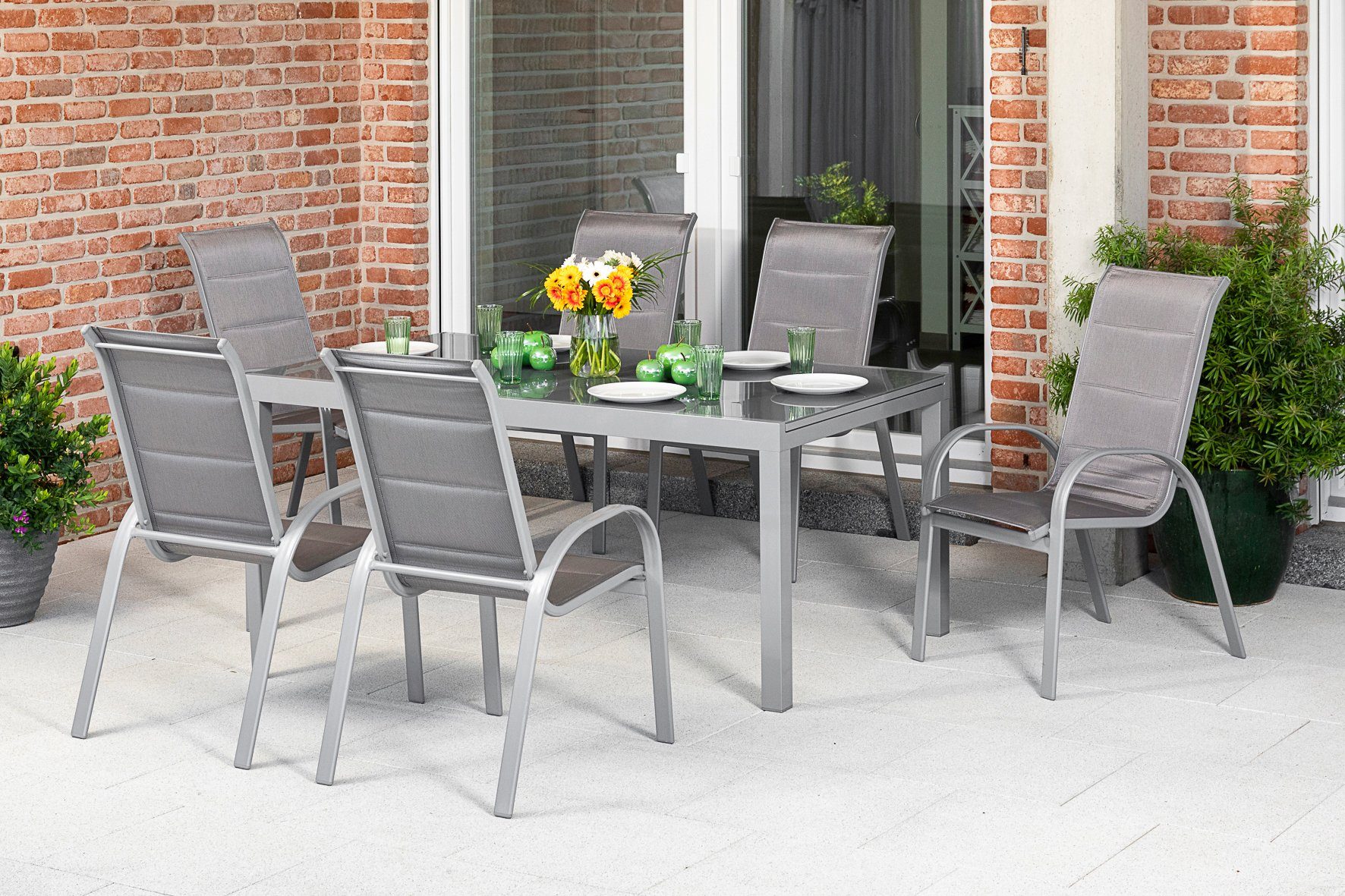 MERXX Garten-Essgruppe Amalfi di lusso, (7-tlg), 6 Stapelsessel, Hochlehner mit ausziehbarem Tisch