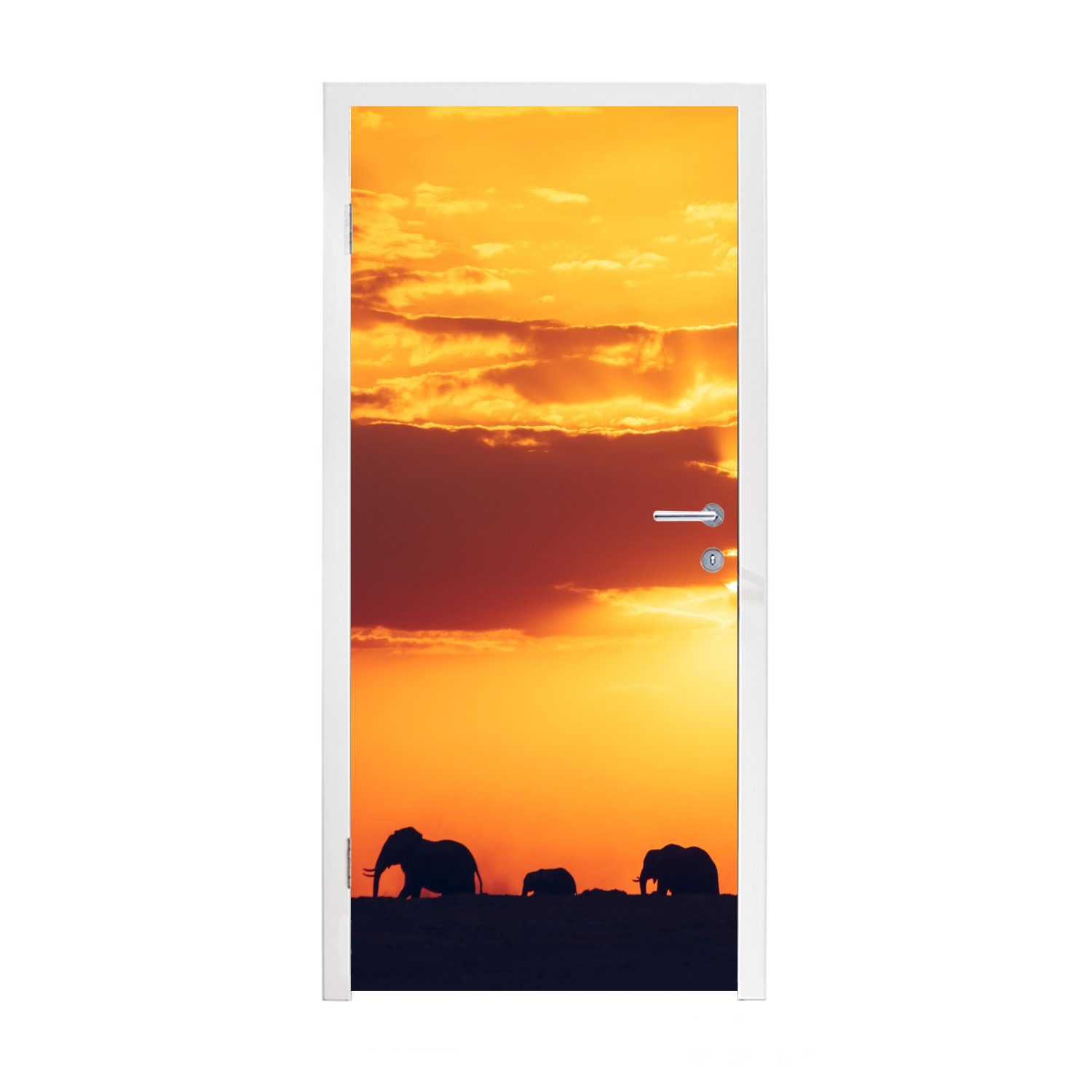 MuchoWow Türtapete Elefanten - Horizont - Sonnenuntergang - Tiere, Matt, bedruckt, (1 St), Fototapete für Tür, Türaufkleber, 75x205 cm