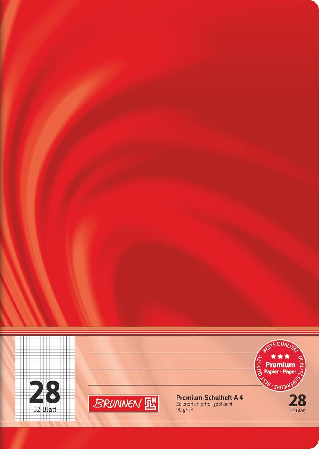 BRUNNEN Schulheft BRUNNEN Premium Schulheft A4 - Rot, 32 Blatt kariert, Qualitätspapie