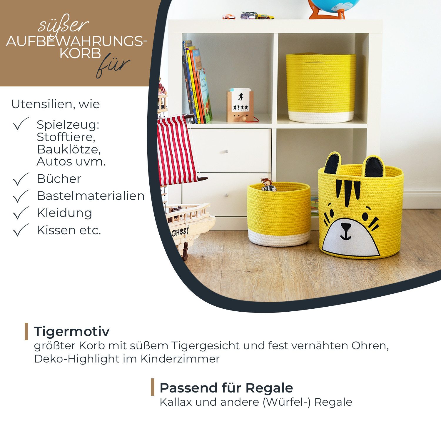 HMF Aufbewahrungskorb Aufbewahrungskorb mit versteckten Griffen (3er, Set), Korb für Kinderzimmer aus Baumwolle, Tiger, Groß, Mittel, Klein