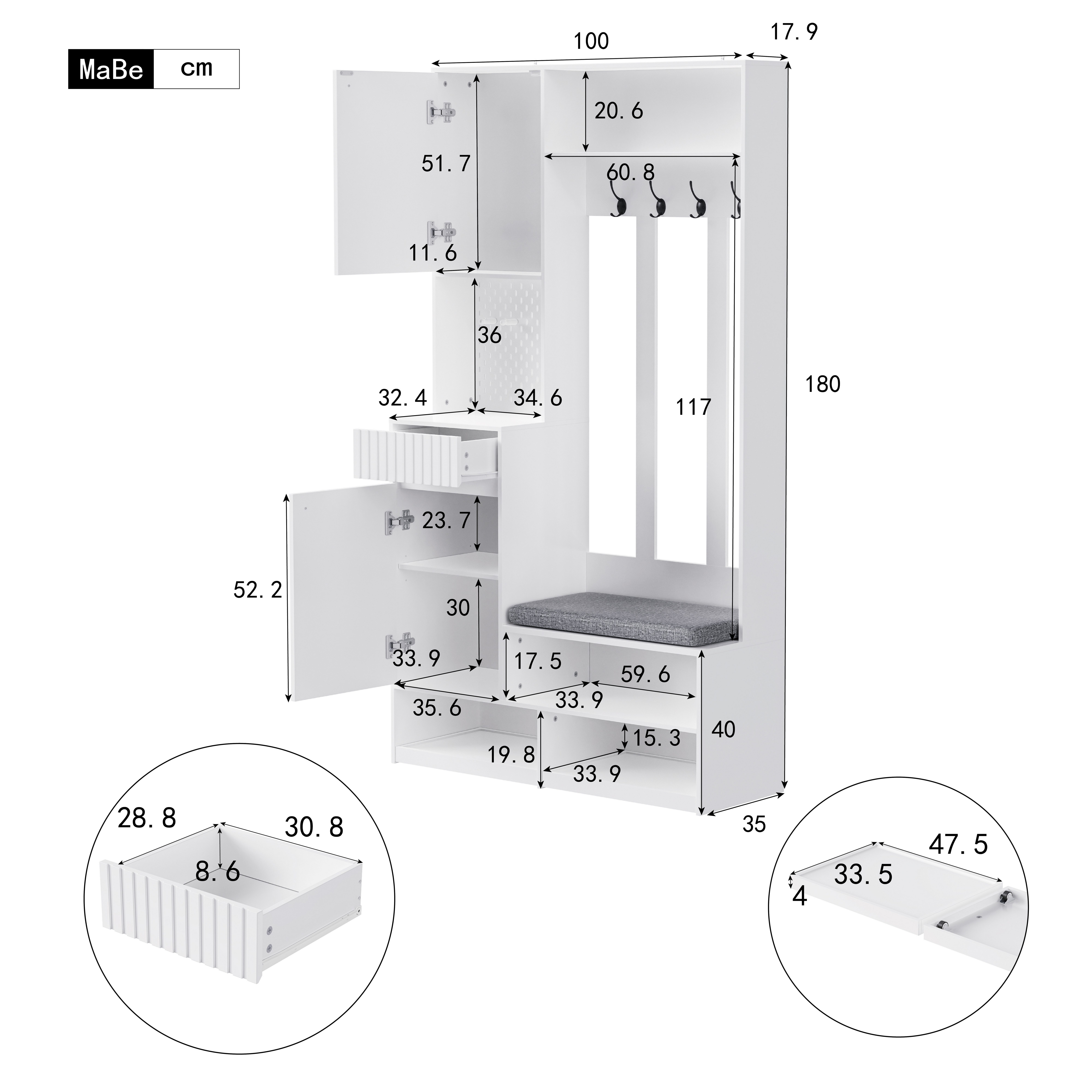 Flieks Garderoben-Set mit Schuhschrank, Sitzbank, 4 Haken, Pegboard, Türen & Schubladen, (1-St., 100×180×35 cm (B×H×T), Garderobenständer mit Schuhregal, Sitzfläche und Kleiderstange Weiß