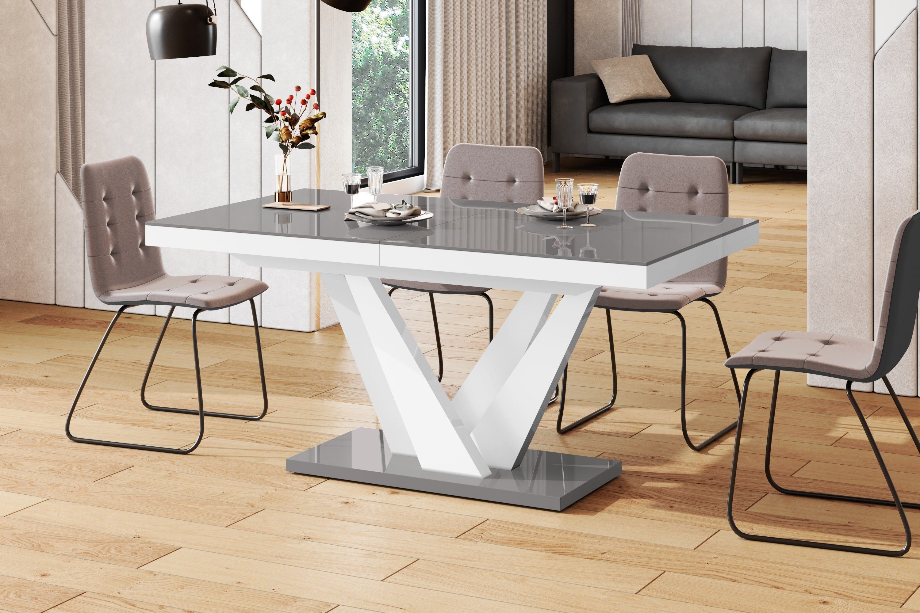 designimpex Esstisch Design Esstisch Tisch HEV-111 ausziehbar 160 bis 256 cm Grau Hochglanz / Weiß Hochglanz