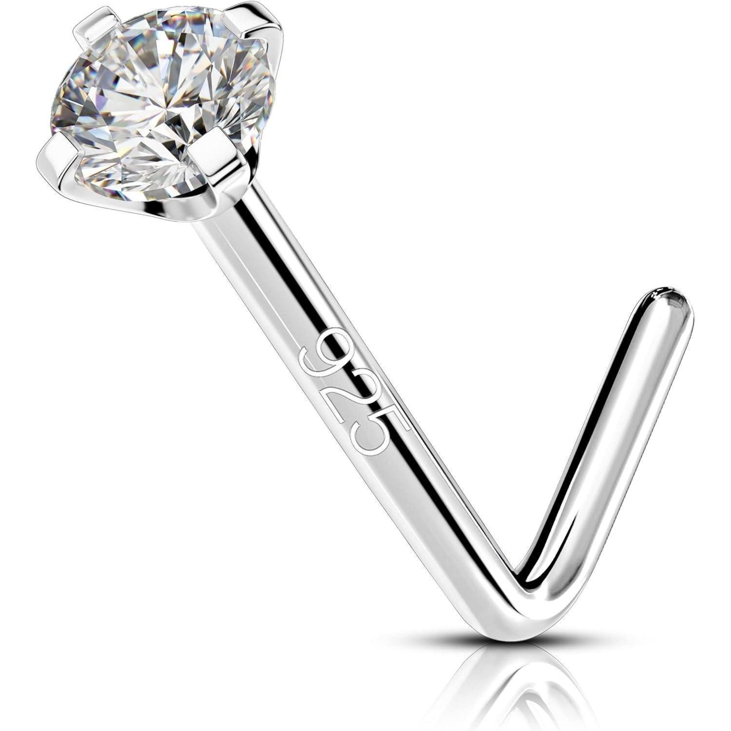 Nasenpiercing 20G Nasenpiercing Silber 925 Nose Ring L Form 2mm CZ Piercing Nase