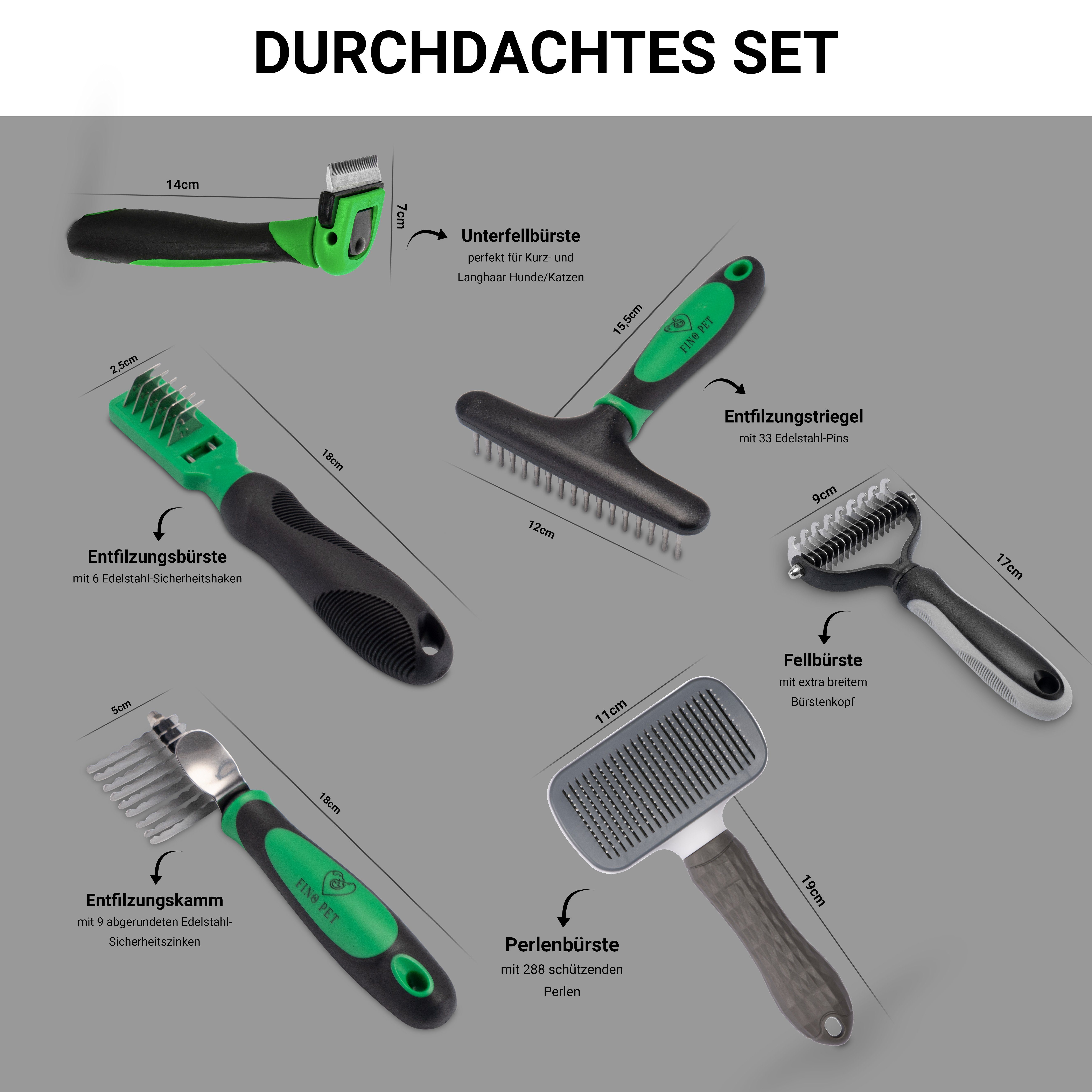 FinoPet Fellbürste FinoPet Aktions-Set mit Hundebürste Katzenbürste Entfilzungsbürsten, Edelstahl, (Langhaar Kurzhaar Unterwolle Bürsten, Tierhaarentferner, Hunde Zubehör oder Katzen Zubehör im Set Hundebürsten Katzenbürsten, 6-tlg), Langhaar, Kurzhaar, Unterwolle, Unterfell, Entfilzung