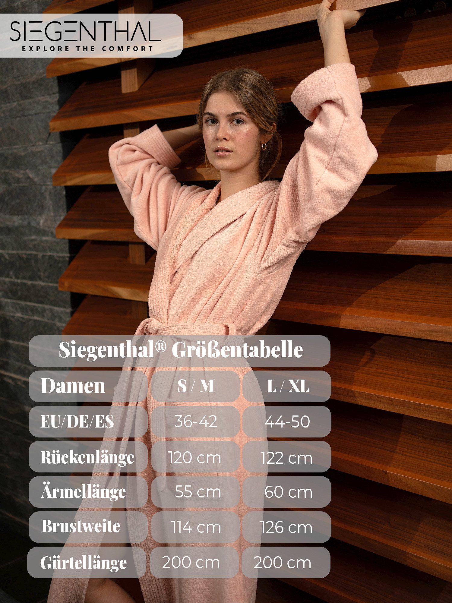 SIEGENTHAL Damenbademantel SIEGENTHAL® Damen Bademantel Frottee Velour Kapuze Weich Wellness Spa, Kapuze, Bindegürtel