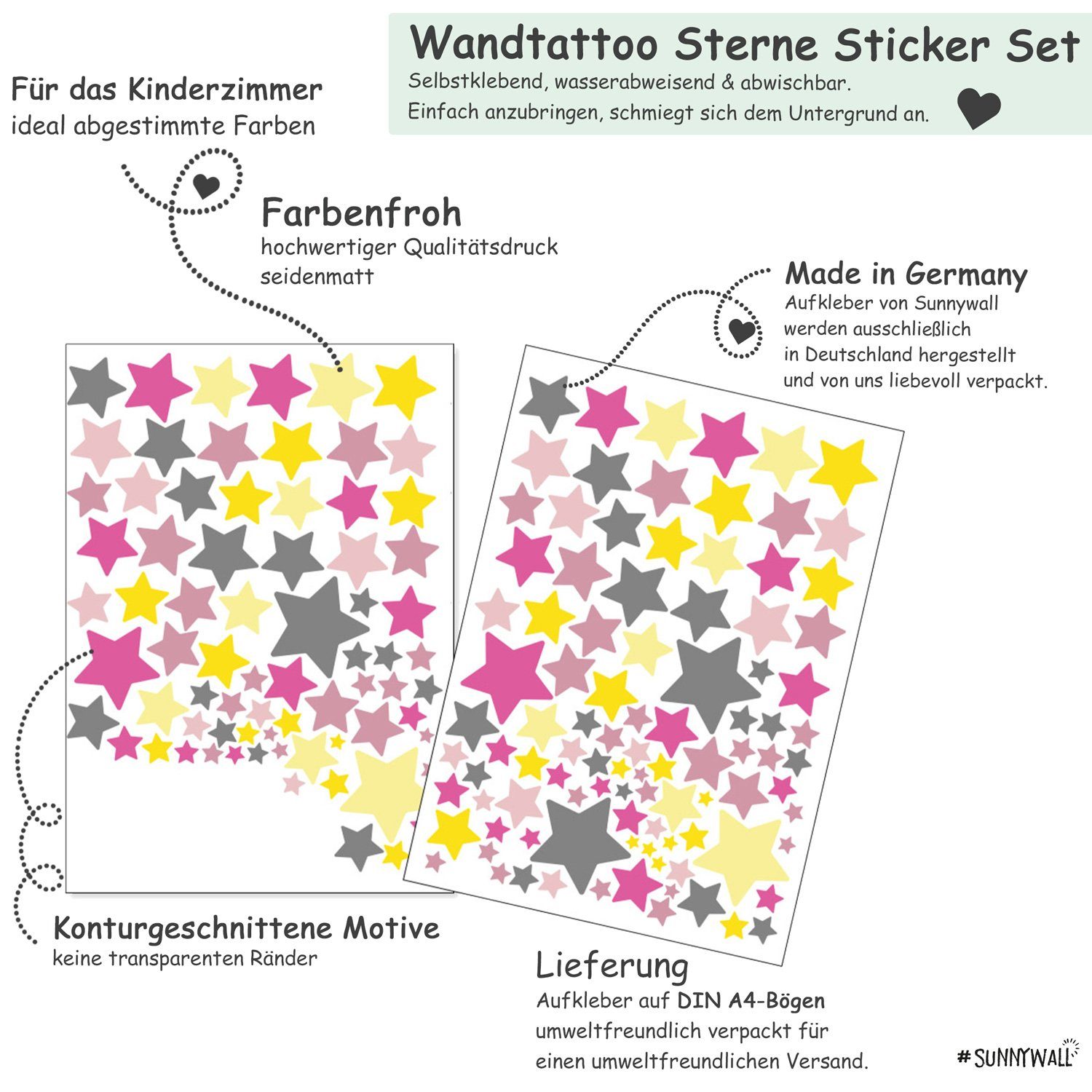 Sunnywall Wandtattoo Sterne Aufkleber Stars Wandsticker bunt, Sternenhimmel Wandtattoo, konturgeschnitten