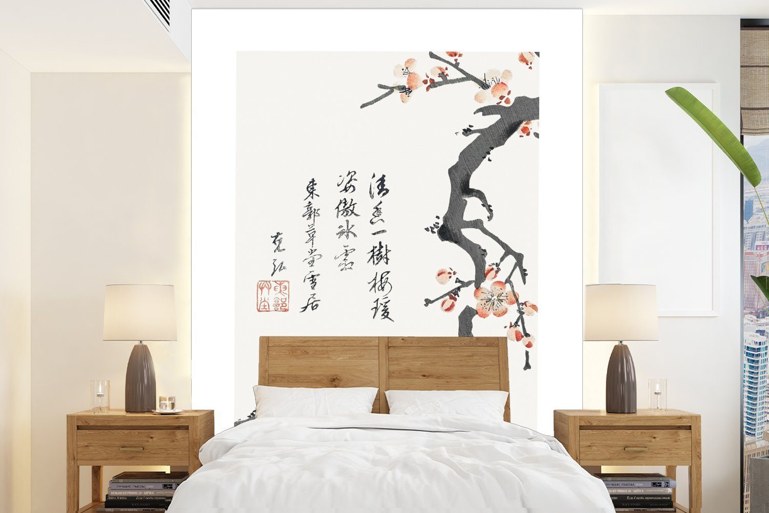 MuchoWow Japan Tapete Wohnzimmer, für - - Wandtapete Montagefertig Vinyl Sakura Baum - Vintage, Fototapete bedruckt, Matt, (4 St),