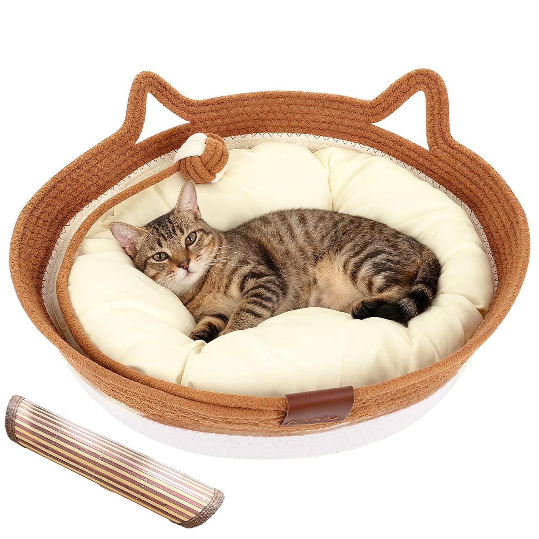 BlingBin Tierbett Katzenbett aus Baumwollseil, handgeflochtener Katzenkorb, Waschbar, Haustierbett mit Kissen, Kratzmatte und Spielzeugschwanz, Indoor