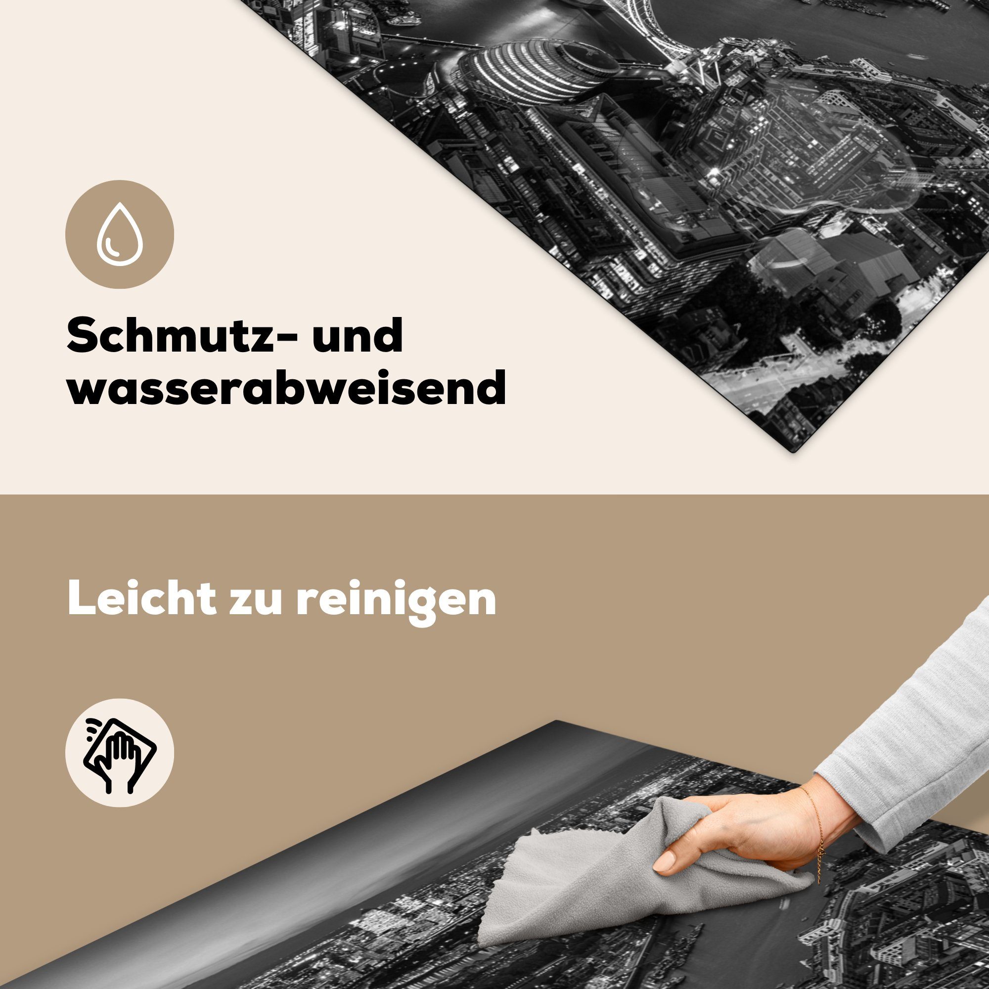 MuchoWow (1 Morgen 78x78 Herdblende-/Abdeckplatte cm, schwarz - weiß, am für tlg), Londoner küche Arbeitsplatte Skyline und Vinyl, Ceranfeldabdeckung,