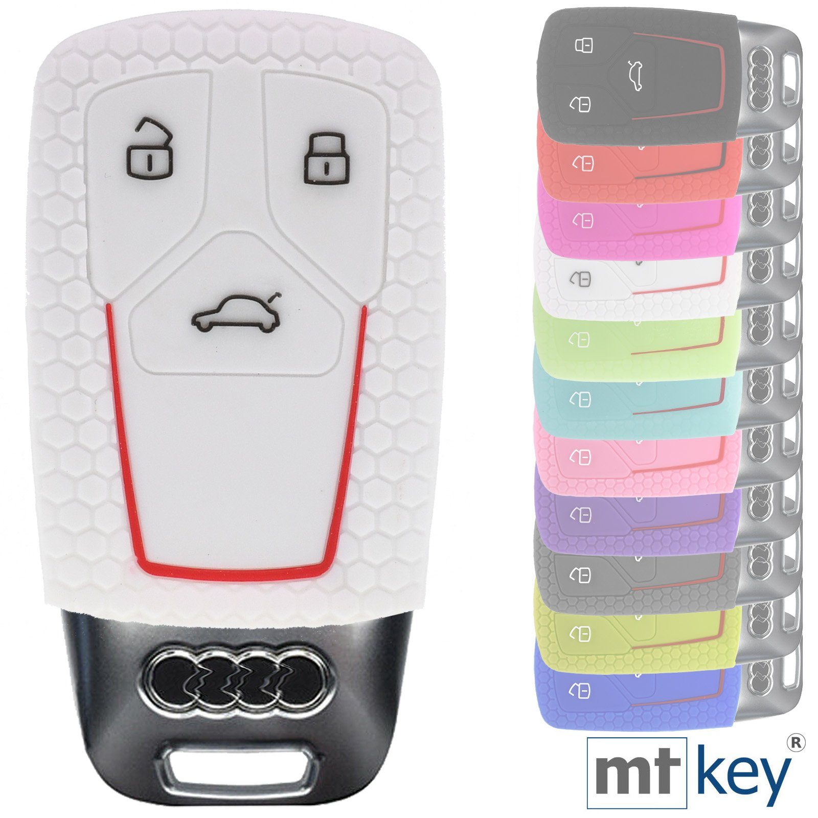 mt-key Schlüsseltasche Autoschlüssel Softcase Silikon Schutzhülle im Wabe Design Weiß, für Audi A4 A5 A6 A7 TT Q2 Q5 Q7 A8 Q8 3 Tasten KEYLESS SMARTKEY