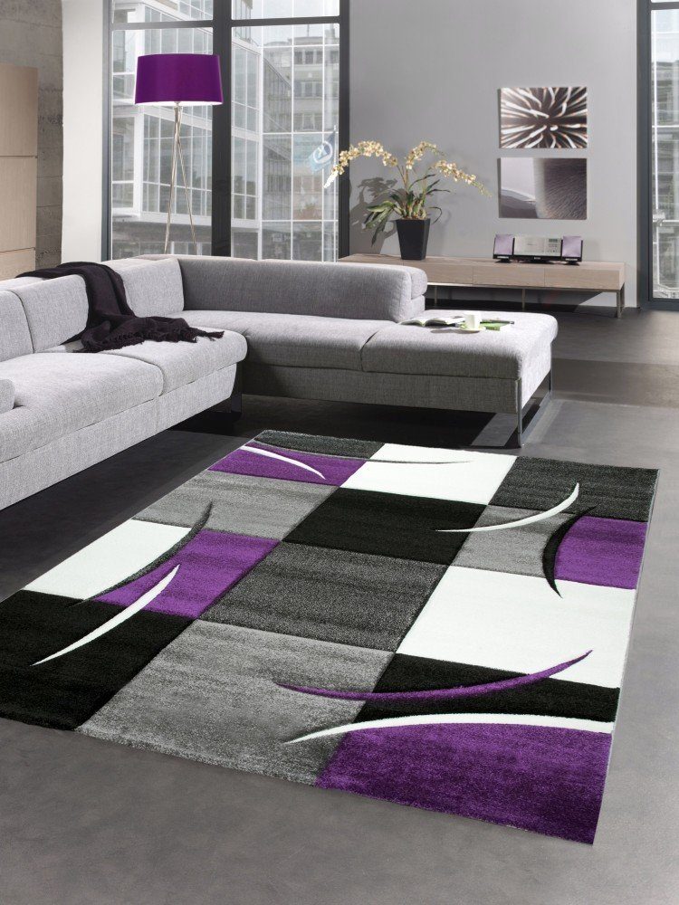 Teppich Designer Teppich Wohnzimmerteppich karo lila grau creme schwarz,  Carpetia, rechteckig, Höhe: 13 mm