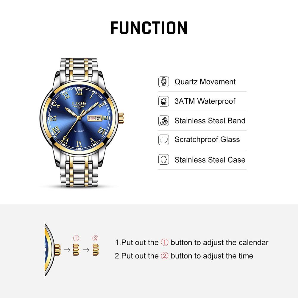 mit analog Wasserdicht Gold, Uhren Sportuhr Mode Uhr Quarz Blau Business GelldG Uhrenarmband