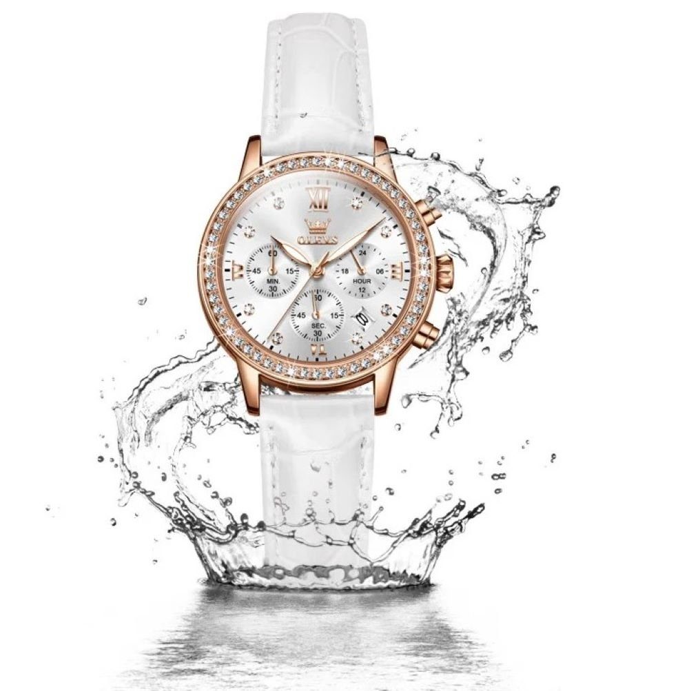 Damen elegante Uhrenbox Quarzuhr Uhr Luxus Tidy Lederarmband Chronograph,