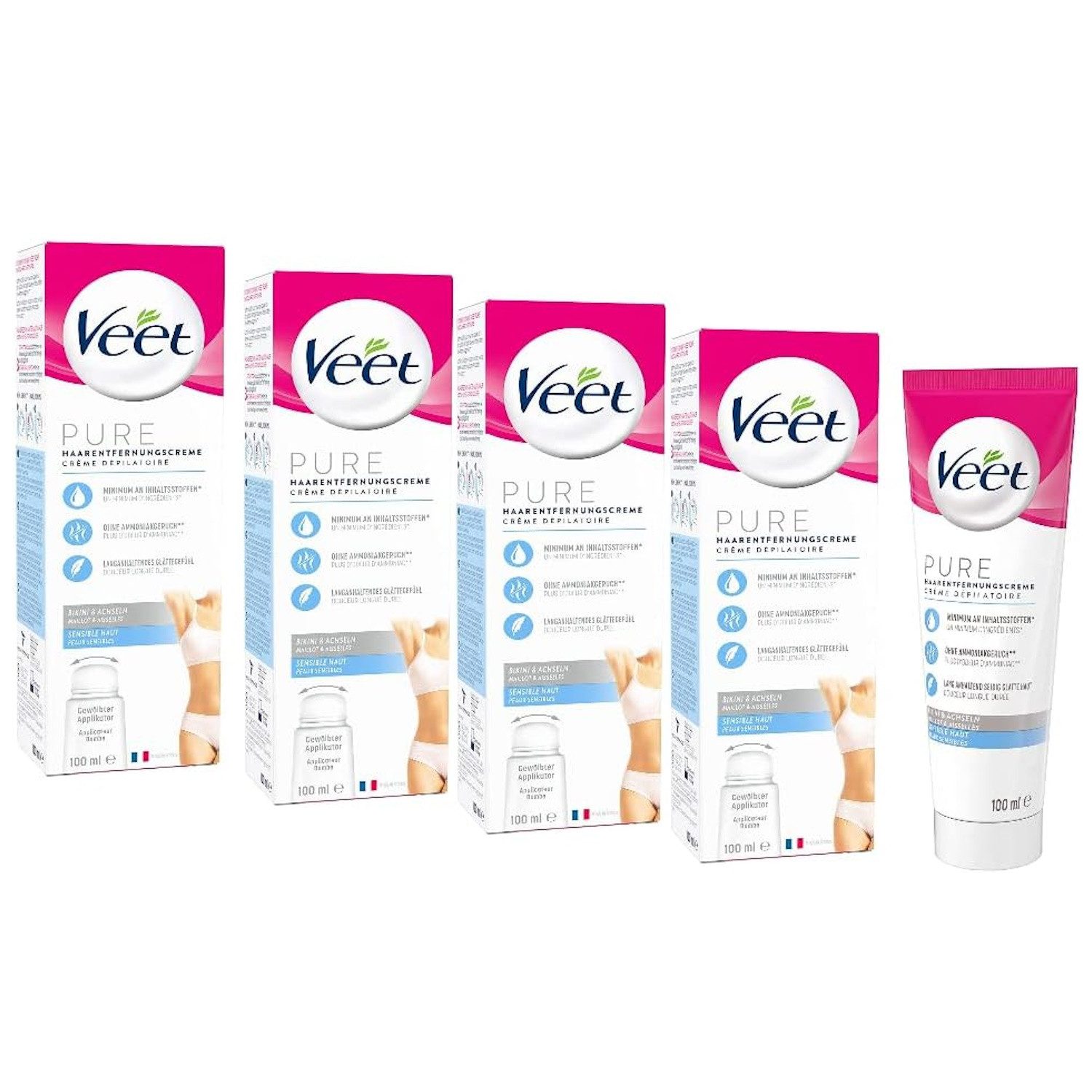 Veet Enthaarungscreme Bikini Zone & Achseln (4 x 100ml), Spar-Pack, 4 St., bei sensibler Haut für seidig glatte Haut