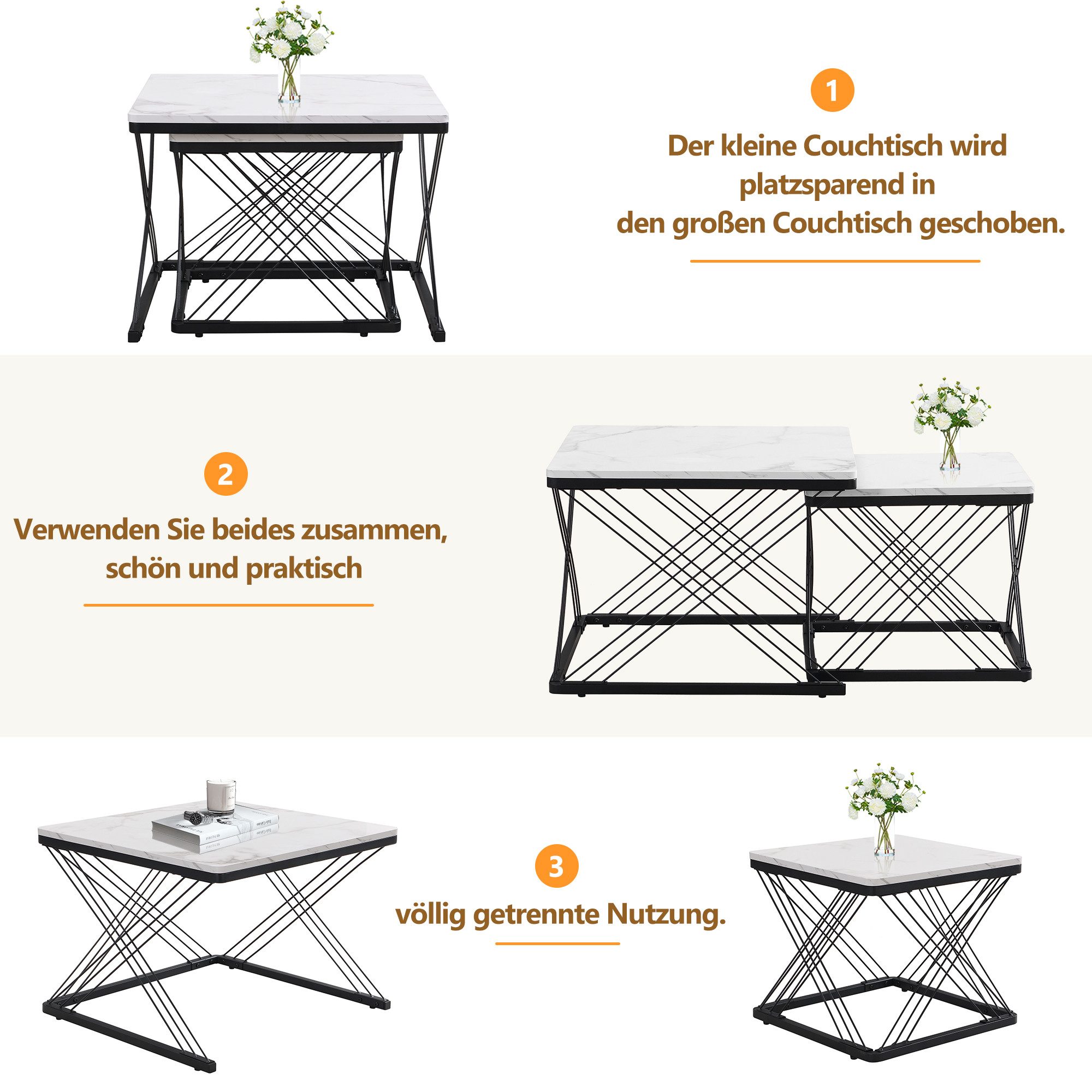 Merax Couchtisch, Set mit Stahlrahmen, Beistelltisch Hochglanz Marmoroptik, Satztisch