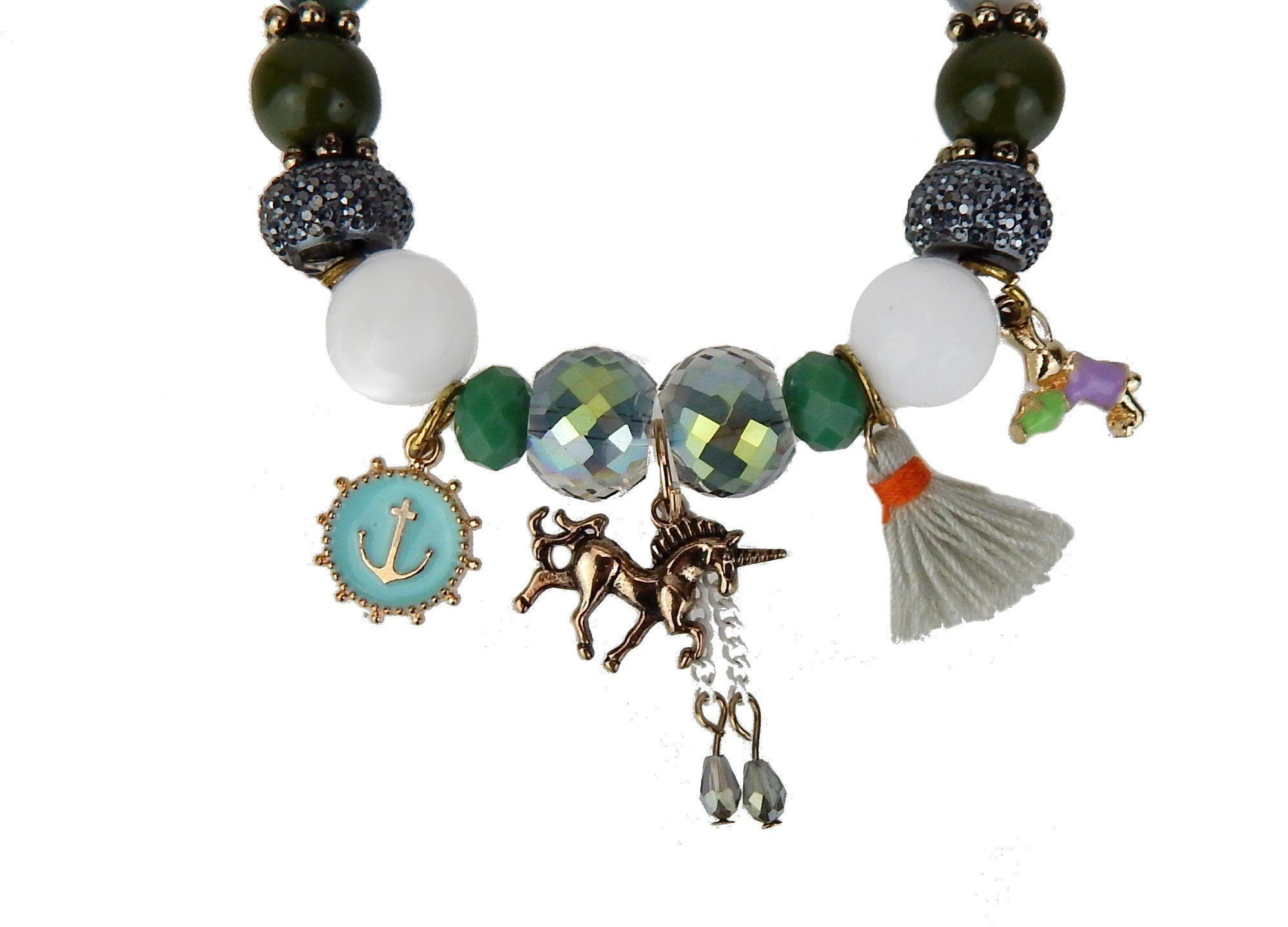 Ella Jonte Perlenarmband, Boho Armband grün weiss bunt mit Anhänger Quaste elastisch