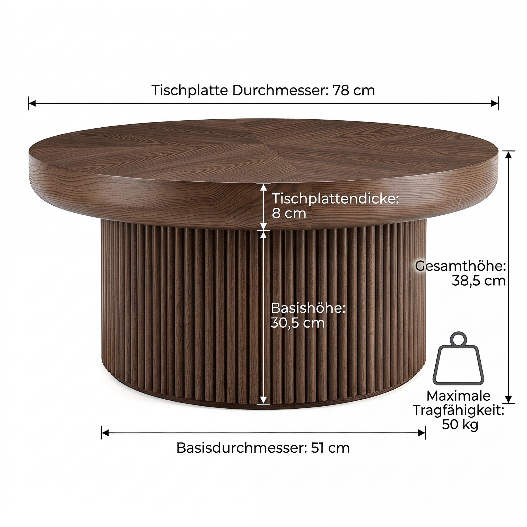 Celya Couchtisch Parkett-Tischplatte und zylindrischem Sockel (78×78×38.5cm, verstärkte Tischplatte), Einfache Montage
