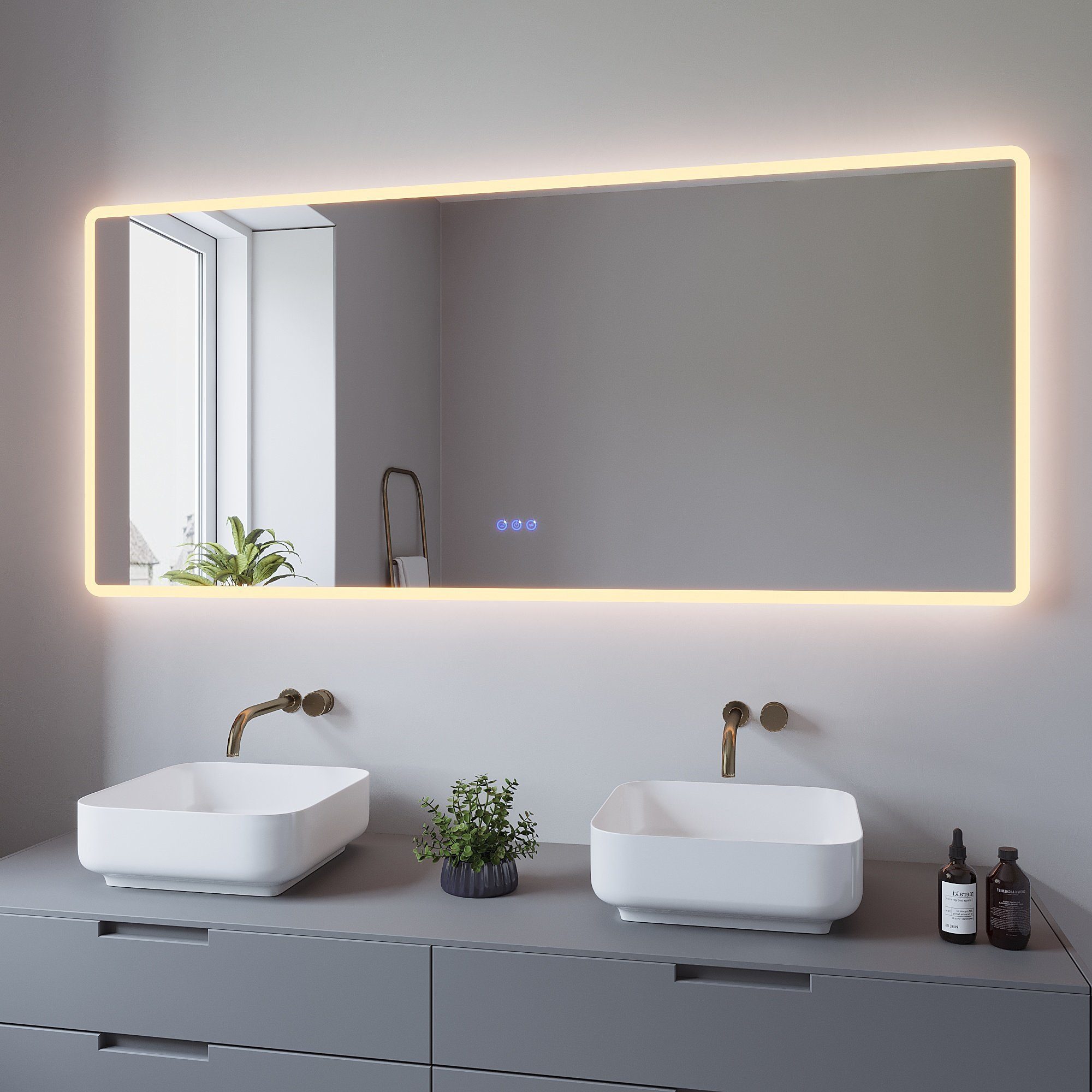 AQUABATOS Badspiegel Bad Spiegel mit LED Beleuchtung Badezimmerspiegel mit Licht (Badspiegel LED Lichtspiegel 140x70cm 100x70cm 160x70cm Abgerundete Ecken 2 Lichtfarben Touch Sensor, Wandschalter, Speicher, Dimmbar, Kaltweiß 6400K, Warmweiß 3000K), Antibeschlag, Energiesparend, IP 44, Energieeffizienzklasse A++
