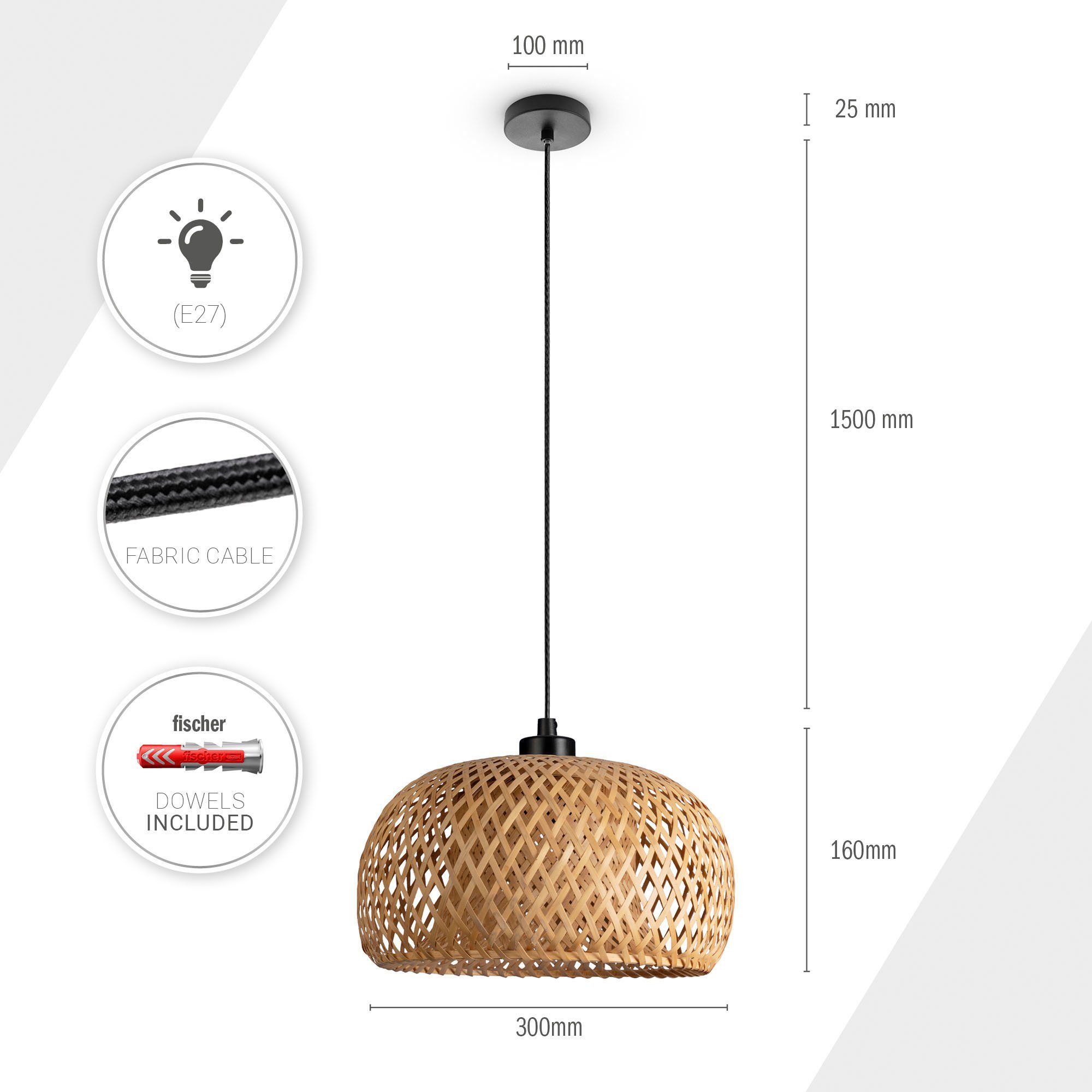 Paco Home Pendelleuchte PESA, ohne Leuchtmittel, Bambus Boho Hängeleuchte Rattan Optik Korblampen Esszimmerlampe