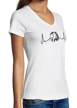 MyDesign24 T-Shirt Damen Pferde Print Shirt - Herzschlag mit Pferdekopf V-Ausschnitt Baumwollshirt mit Aufdruck Slim Fit, i143