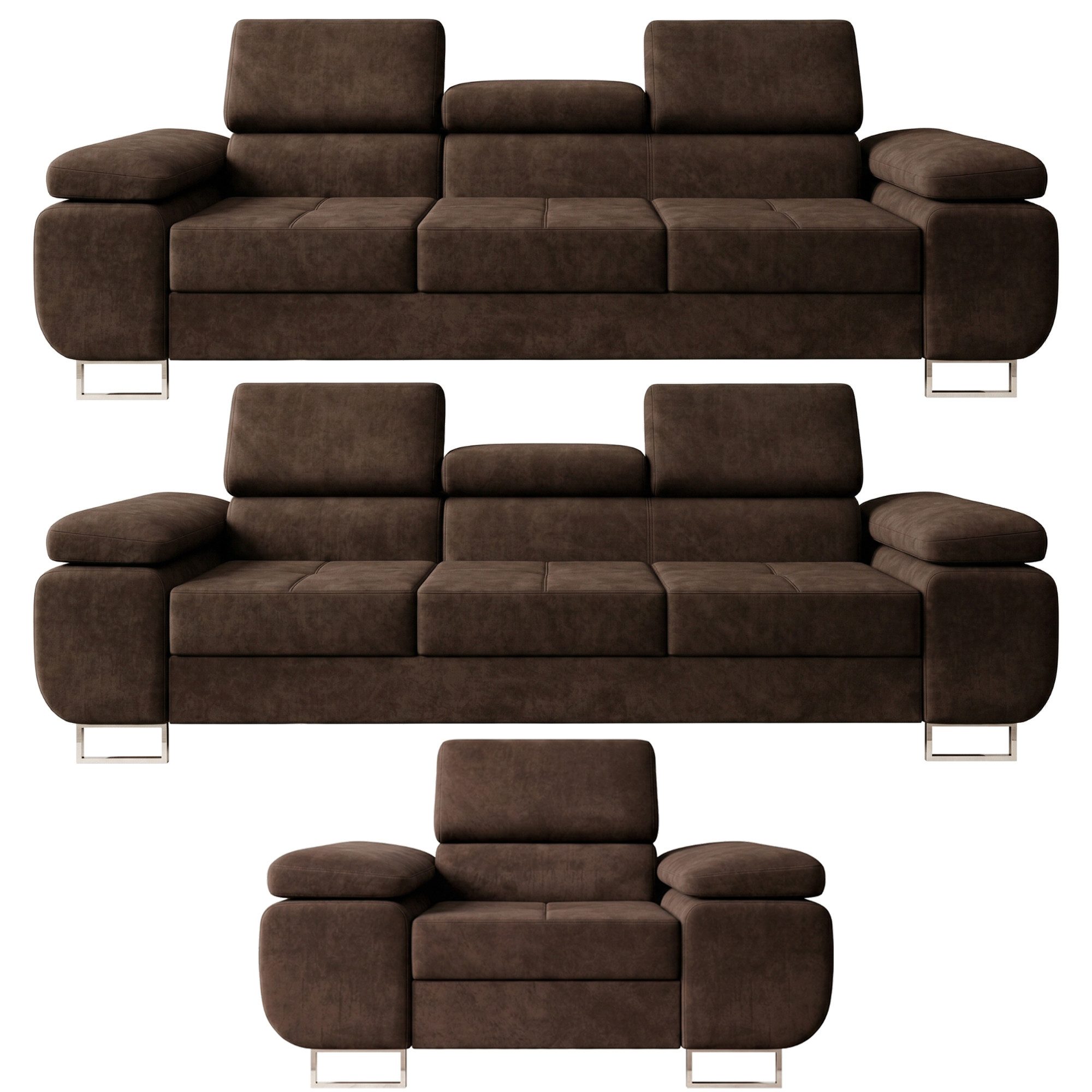 M-Punkt24 Polstergarnitur Sofa Wohnlandschaft DUBAI, (3-3-1, mit Bettfunktion, XL Sofa-Set, Bigsofa, Samt, Braun), Bestehend aus 3-Sitzer mit Bettfunktion, Sessel