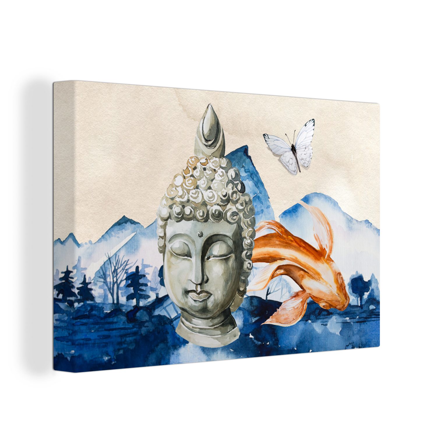 (1 Kopf Wanddeko, OneMillionCanvasses® St), - Aufhängefertig, Berg, Buddha Leinwandbild 30x20 cm Leinwandbilder, - Wandbild