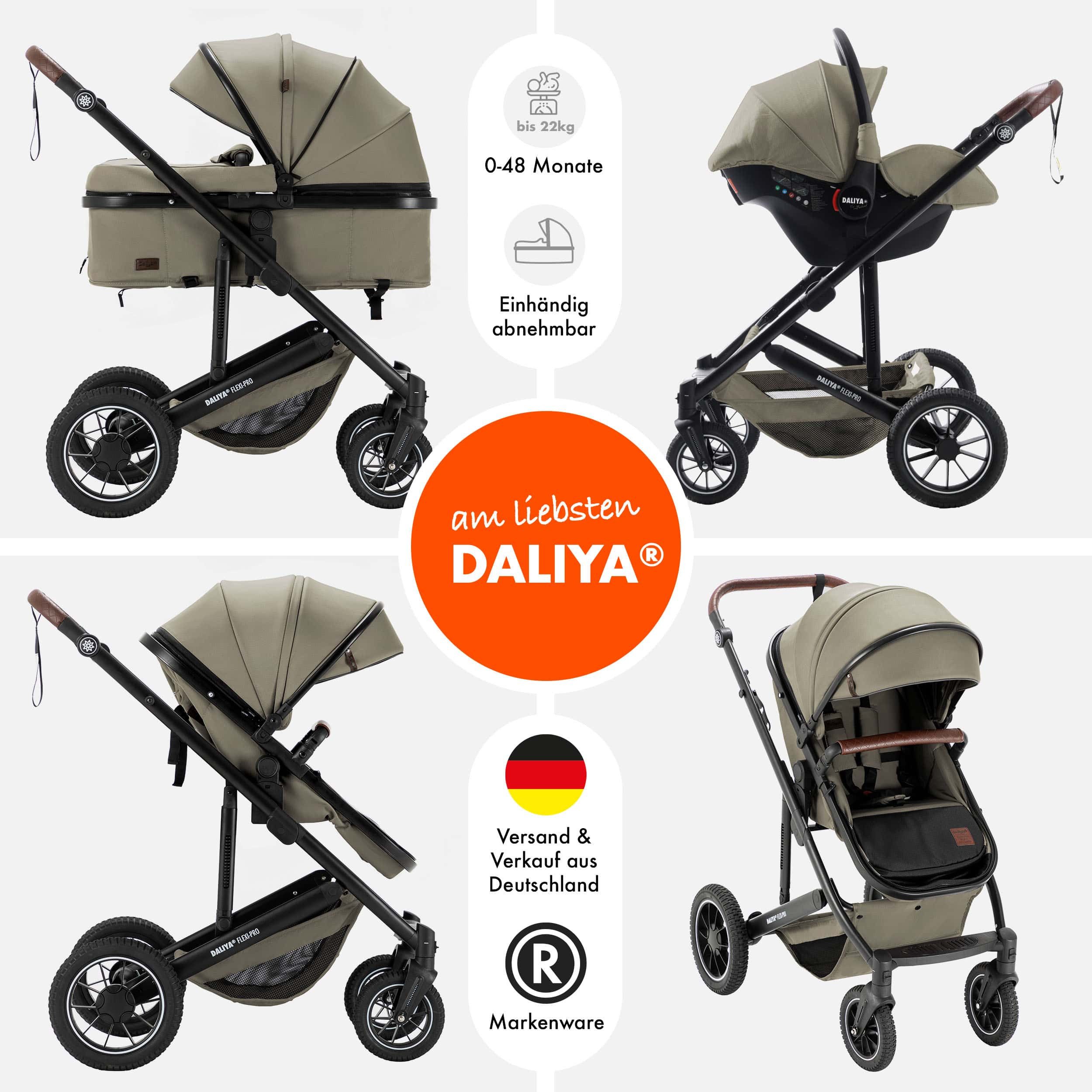 Daliya® Kombi-Kinderwagen FLEXI-PRO M 3in1 Kinderwagen & Buggy, Reisekinderwagen, XXL Set, (XXL-Set mit i-Size Babyschale, 13-tlg), Einhändig abnehmbare Wanne, i-Size Babyschale, Alu-Rahmen, Gummireifen