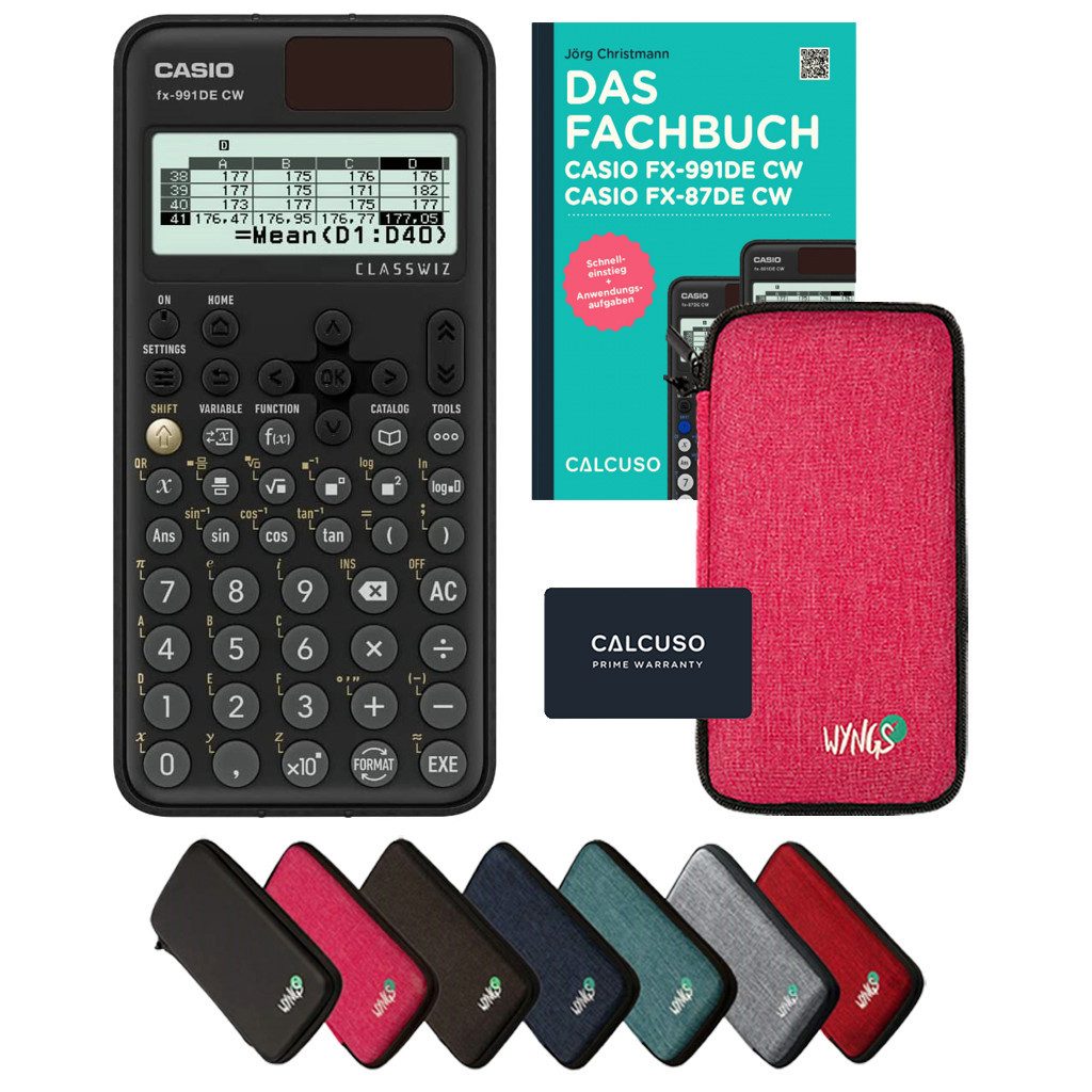 CASIO Taschenrechner fx-991DE CW inkl. Schutztasche Pink & Fachbuch (160 Seiten, DIN A5)
