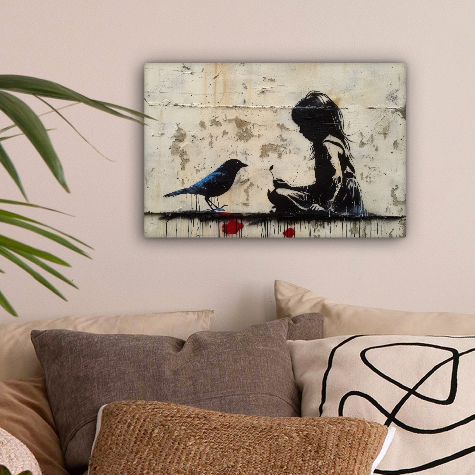 OneMillionCanvasses® Leinwandbild Mädchen - Straßenkunst - Vogel - Abstrakt günstig online kaufen