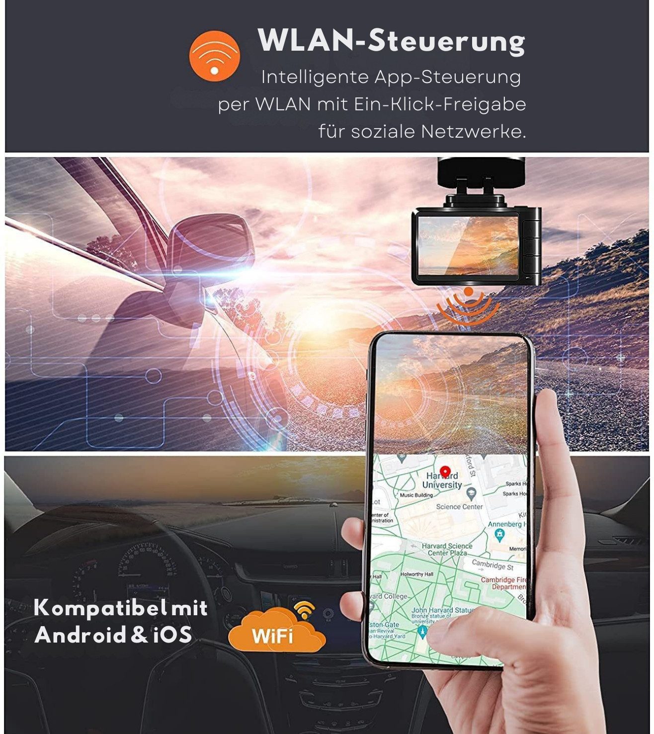 Goldstern-Tech Dashcam (4K Ultra HD, Wifi, Dashcam mit Front-, Rück- & Innenkamera, 3-Kanal, WLAN, IPS-Display, Night Vision, G-Sensor & Parküberwachung)
